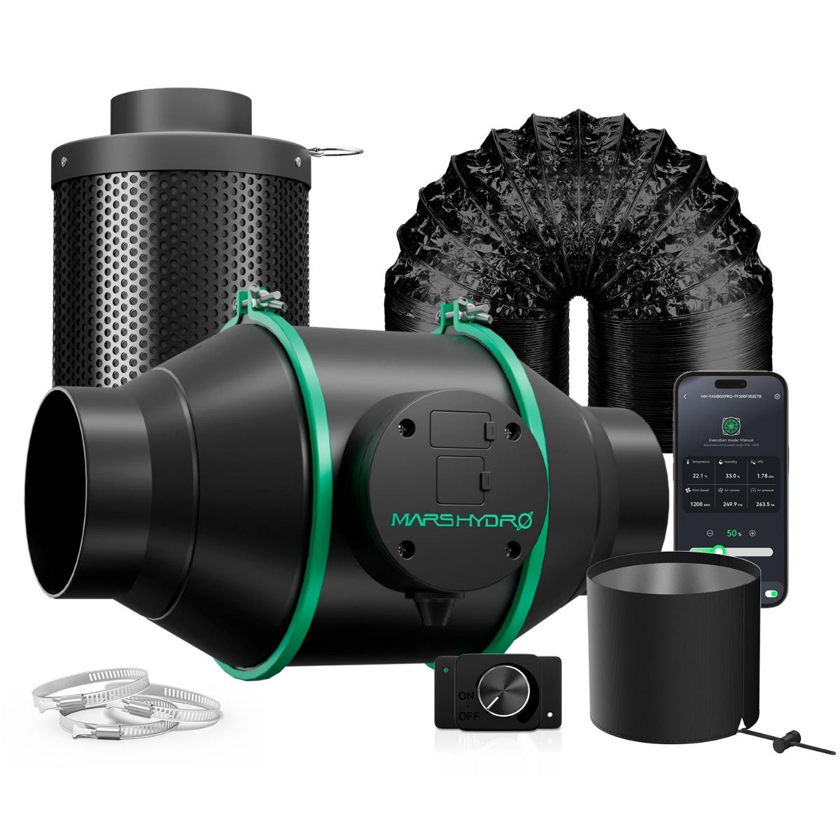 2025 Mars Hydro iFresh 4 Inch Inline Duct Fan and Refillable Carbon Filter Combo with Speed Controller - Front View