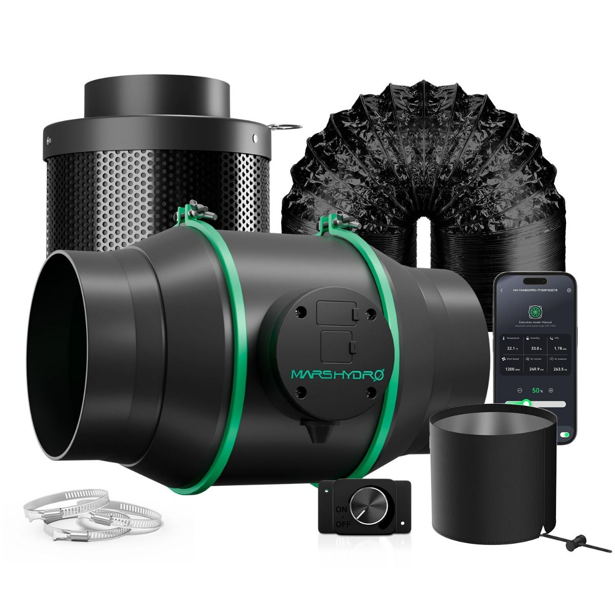 2025 Mars Hydro iFresh 6 Inch Inline Duct Fan and Refillable Carbon Filter Combo with Speed Controller - Front View