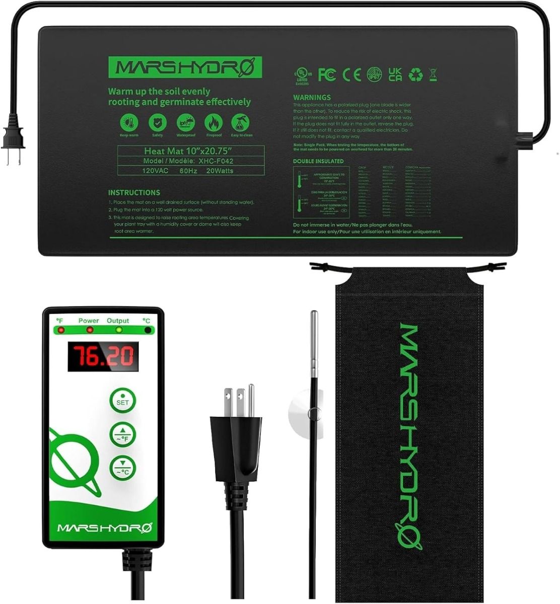 Mars Hydro Seedling Heat Mat Digital Thermostat Combo 10''x20.75'' - Front View