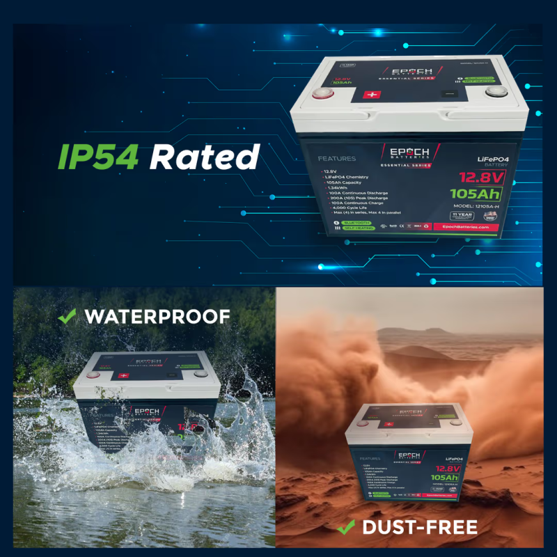Inverters R Us EPOCH 12V 105Ah Essential Series Bluetooth and Heated LiFePO4 Battery