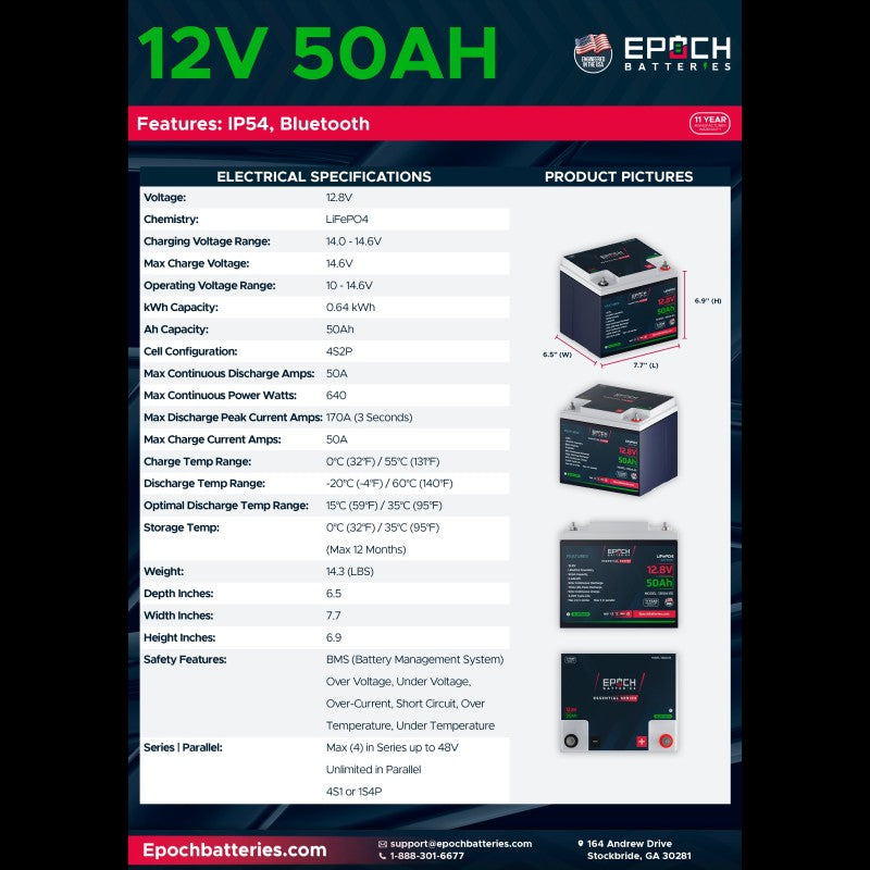 Inverters R Us EPOCH 12V 50Ah Essential Series Bluetooth LiFePO4 Battery