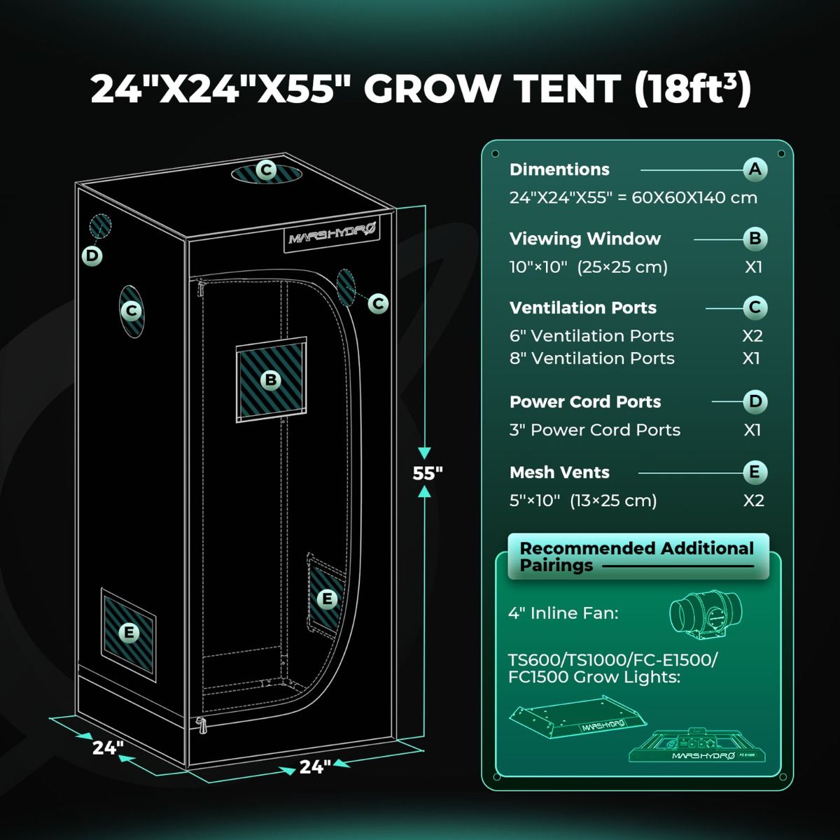 Mars Hydro 2x2 Grow Tent 24''X24''X55'' – 1680D Light-Proof Tent with High Reflection (Preorder ships Mar 31) - Comparison Vi