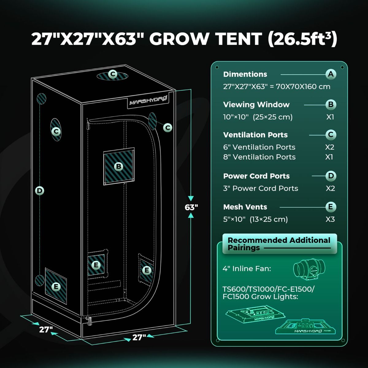 Mars Hydro 2x2 Grow Tent 27"x27"x63" – 1680D Light-Proof Tent with High Reflection - Comparison View