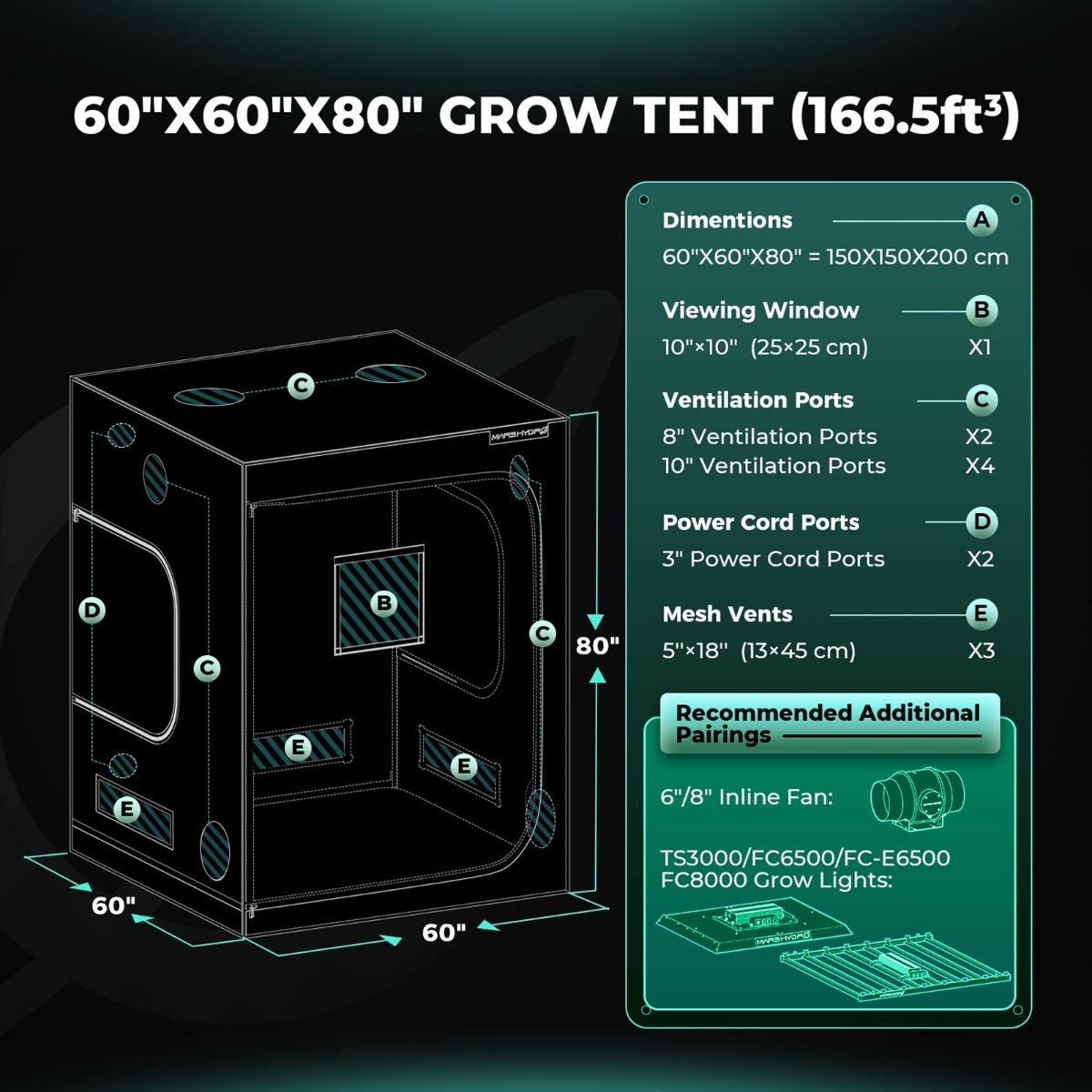 Mars Hydro 5x5 Grow Tent 60''X60''X80'' – 1680D Light-Proof Tent with High Reflection - Comparison View