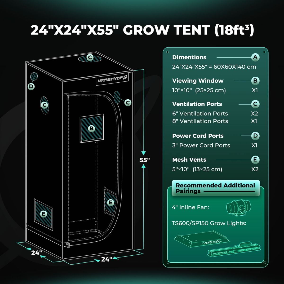 Mars Hydro TS 600 LED Grow Light + 2'X2'X4.5' (24"x24"x55") Complete Indoor Grow Tent Kits for Beginner - Comparison View