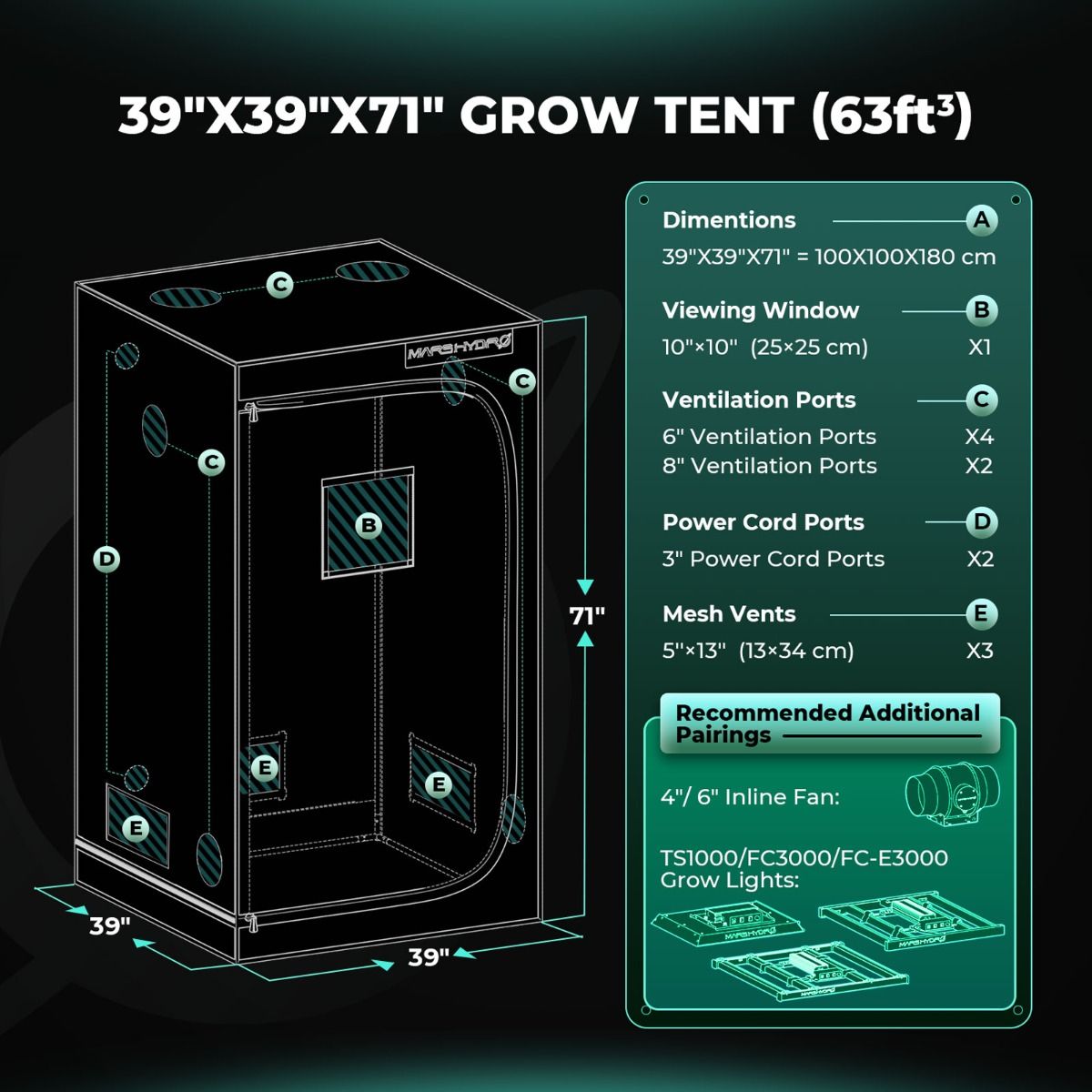 Mars Hydro FC 3000-EVO LED Grow Light + 3'x3' Indoor Tent Complete Grow Tent Kits - Side View