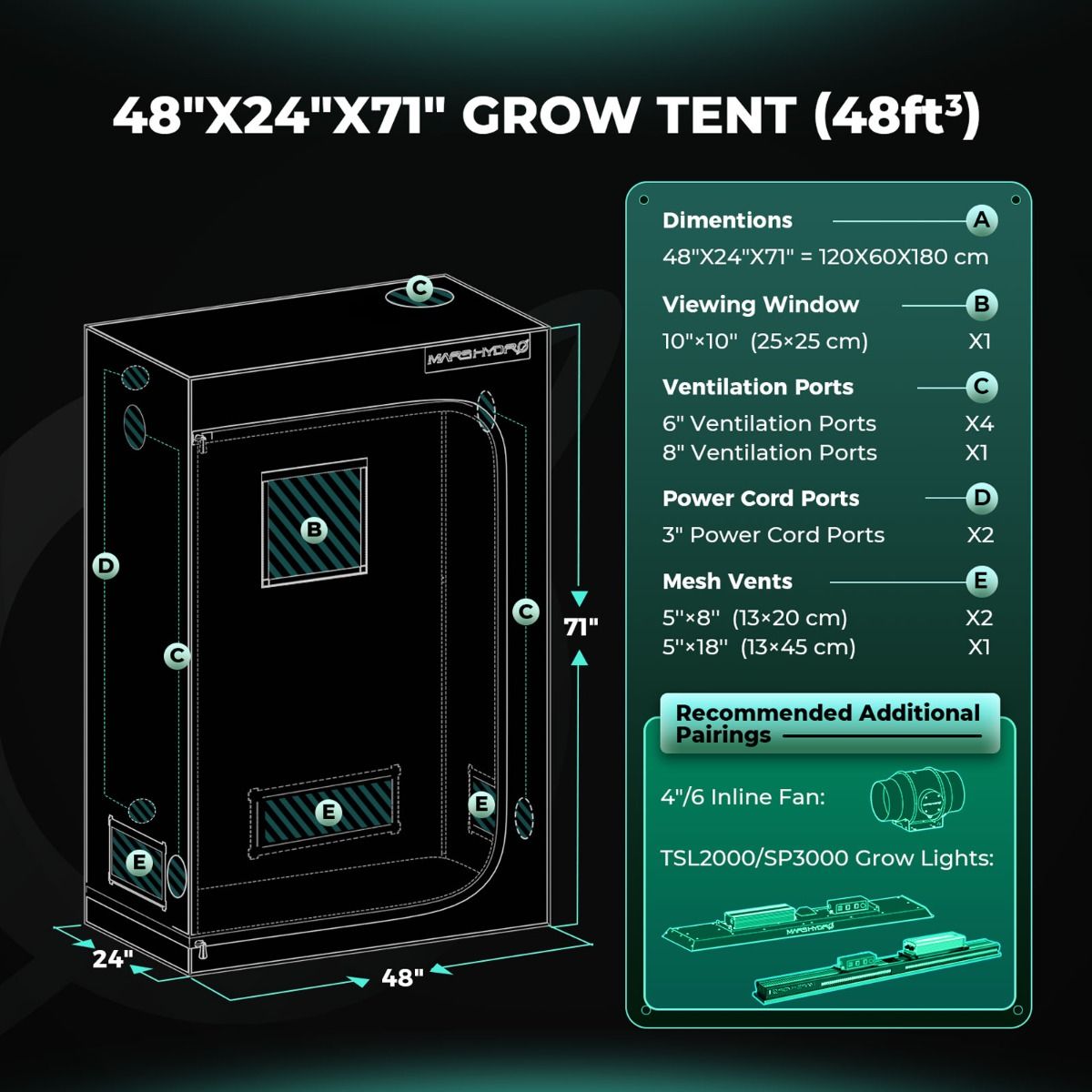 Mars Hydro TSL2000 300W LED Grow Light + 2'X4'(24"x48"x71") Indoor Tent Complete Grow Kits - Setup View