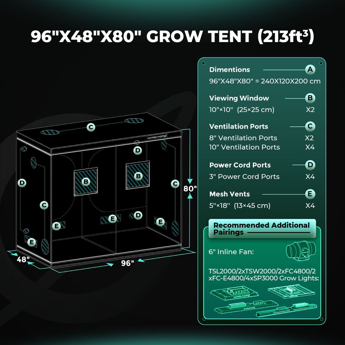 Mars Hydro 8x4 Grow Tent 96''X48''X80'' – 1680D Light-Proof Tent with High Reflection - Comparison View