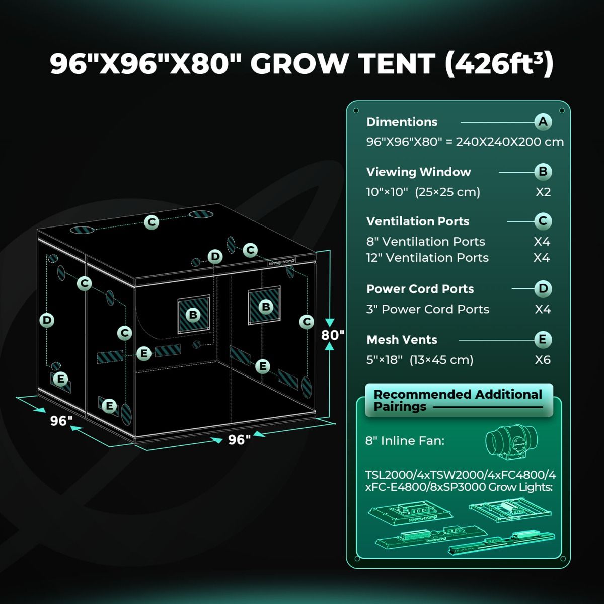 Mars Hydro 8'x8' Grow Tent 96''X96''X80'' – 1680D Light-Proof Tent with High Reflection - Packaging View
