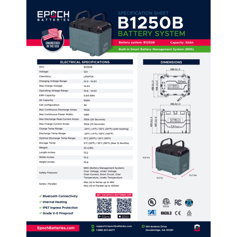 Inverters R Us EPOCH 12V 50Ah LiFePO4 Lithium Battery Bluetooth Heating Waterproof