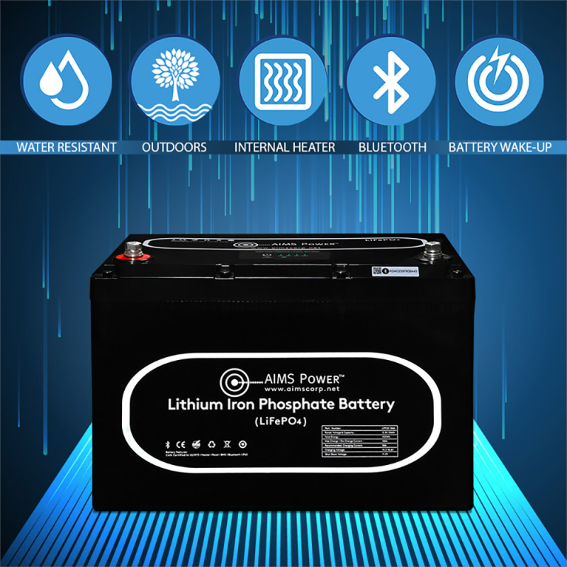 Inverters R Us AIMS Power LiFePO4 Lithium Battery with Wake Up Heater and BT Monitoring 12V 104Ah