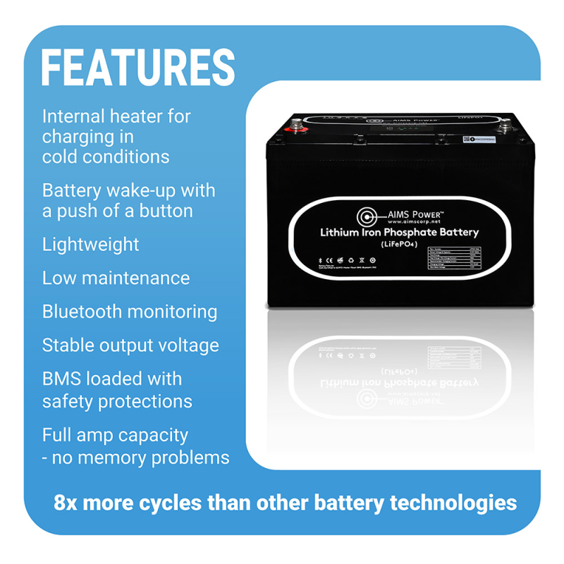 Inverters R Us AIMS Power LiFePO4 Lithium Battery with Wake Up Heater and BT Monitoring 12V 104Ah