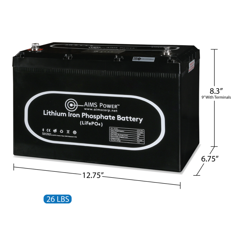 Inverters R Us AIMS Power LiFePO4 Lithium Battery with Wake Up Heater and BT Monitoring 12V 104Ah