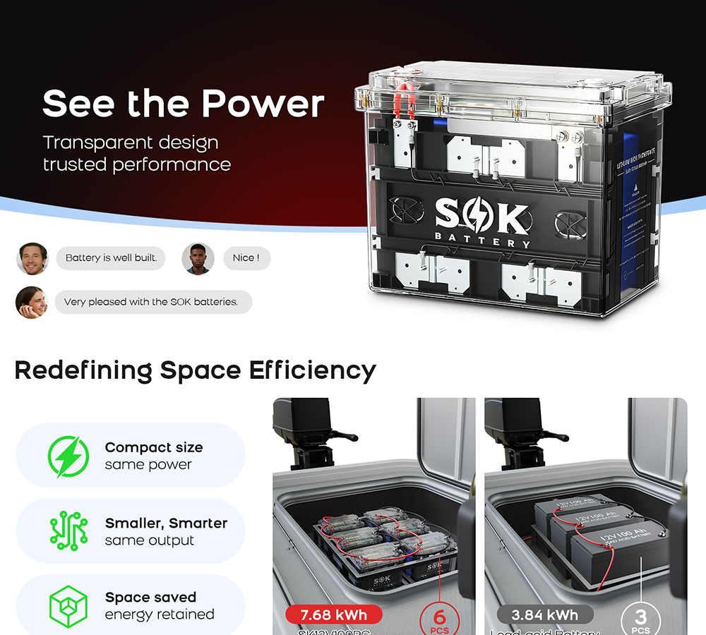 Inverters R Us SOK 12V 100Ah LiFePO4 Battery Bluetooth Clear Sealed Box