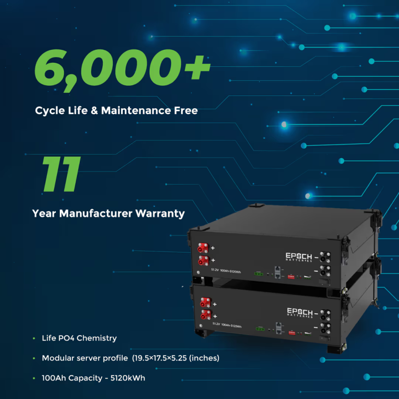 Inverters R Us EPOCH 48V 100Ah 5.12kWh Self-Heating Server Rack Lithium Battery