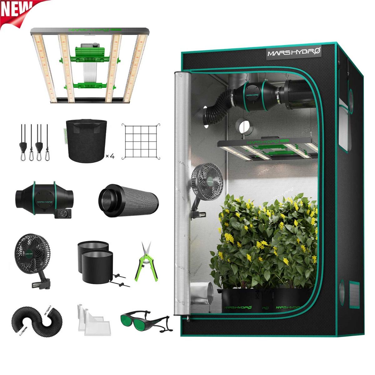 Mars Hydro FC 3000-EVO LED Grow Light + 3'x3' Indoor Tent Complete Grow Tent Kits - Front View