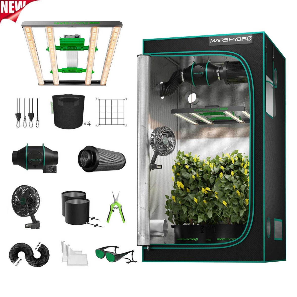 Mars Hydro FC-E3000 LED Grow Light + 3.3'X3.3'(39''X39''X71'') Complete Grow Tent Kits - Front View
