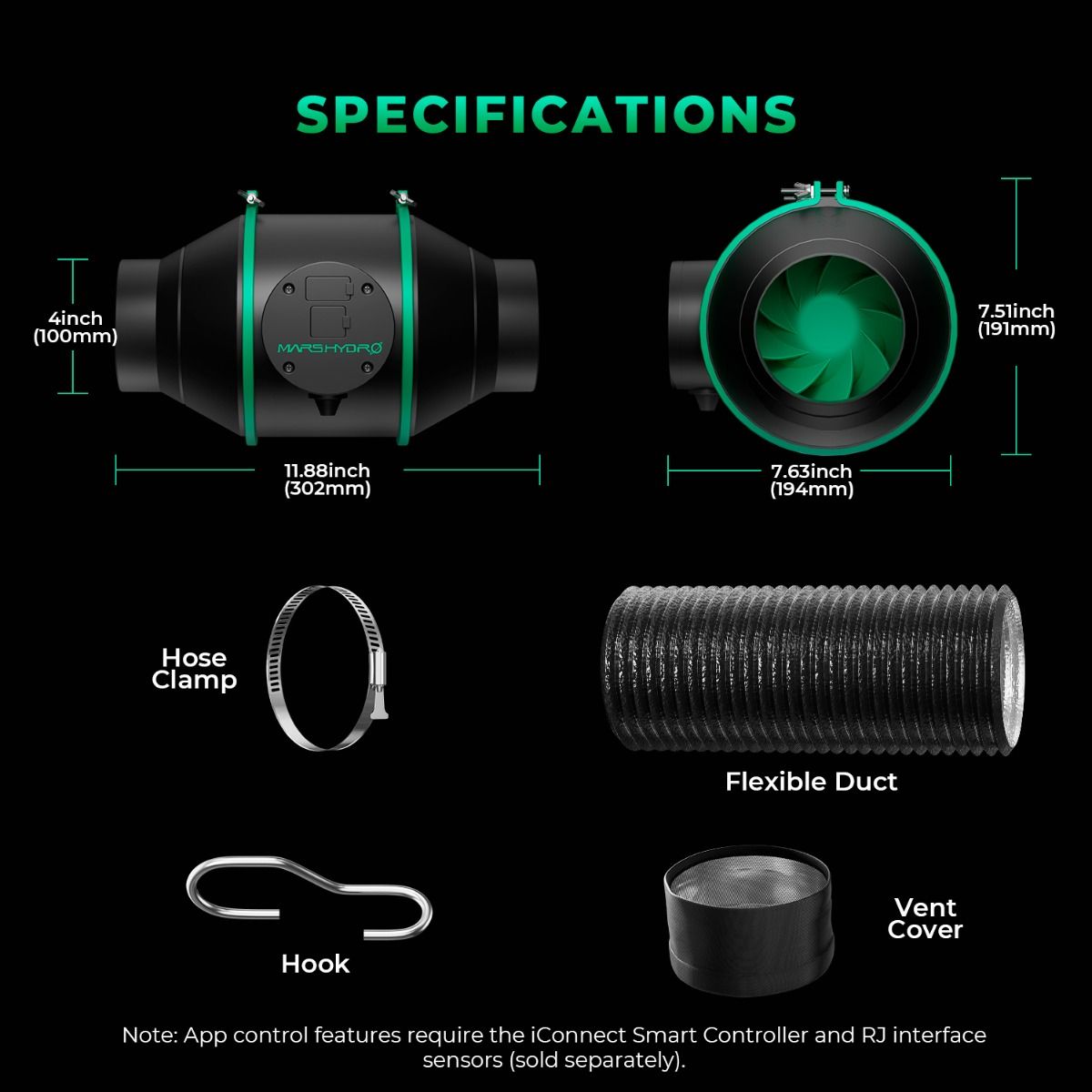 2025 Mars Hydro iFresh 4 Inch Inline Duct Fan and Refillable Carbon Filter Combo with Speed Controller - Close-up View