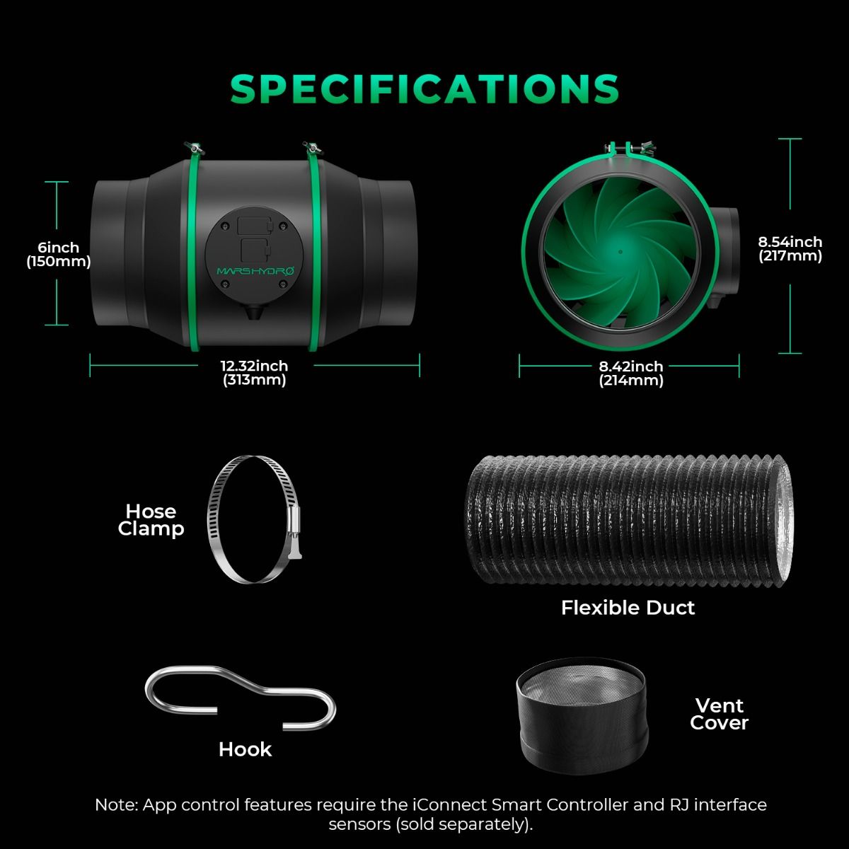 2025 Mars Hydro iFresh 6 Inch Inline Duct Fan and Refillable Carbon Filter Combo with Speed Controller - Close-up View