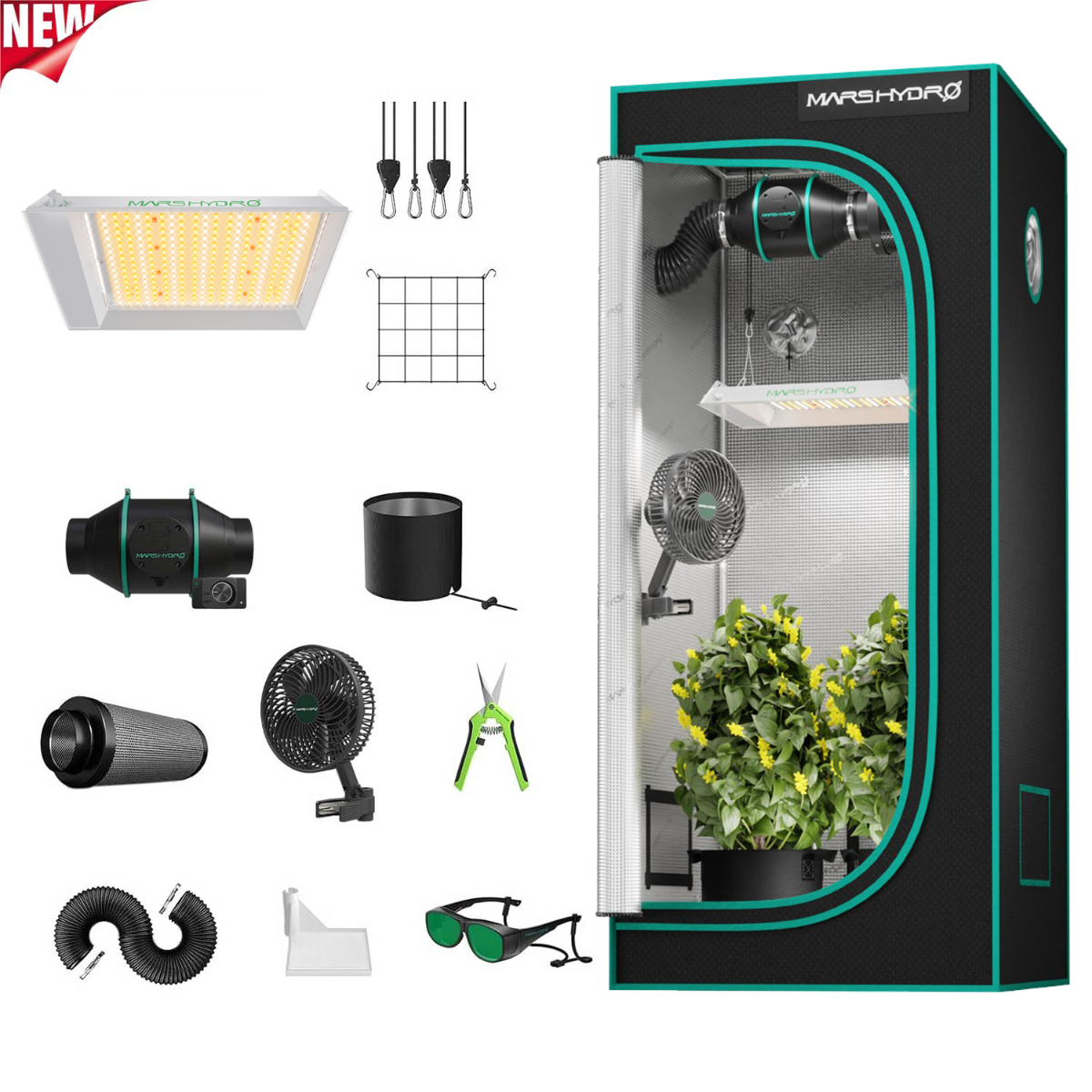 Mars Hydro TS 600 LED Grow Light + 2'X2'X4.5' (24"x24"x55") Complete Indoor Grow Tent Kits for Beginner - Front View