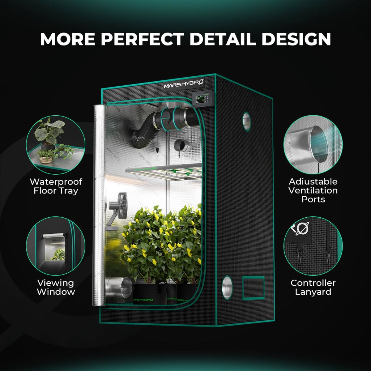 Mars Hydro 2x2 Grow Tent 24''X24''X55'' – 1680D Light-Proof Tent with High Reflection (Preorder ships Mar 31) - Detail View