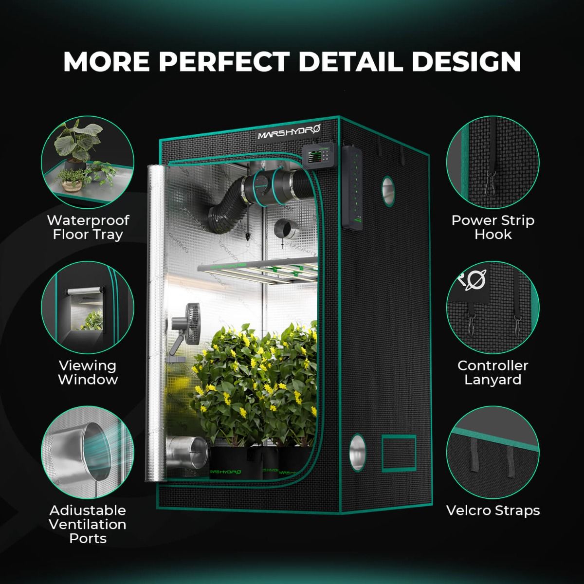 Mars Hydro 2x2 Grow Tent 27"x27"x63" – 1680D Light-Proof Tent with High Reflection - Detail View