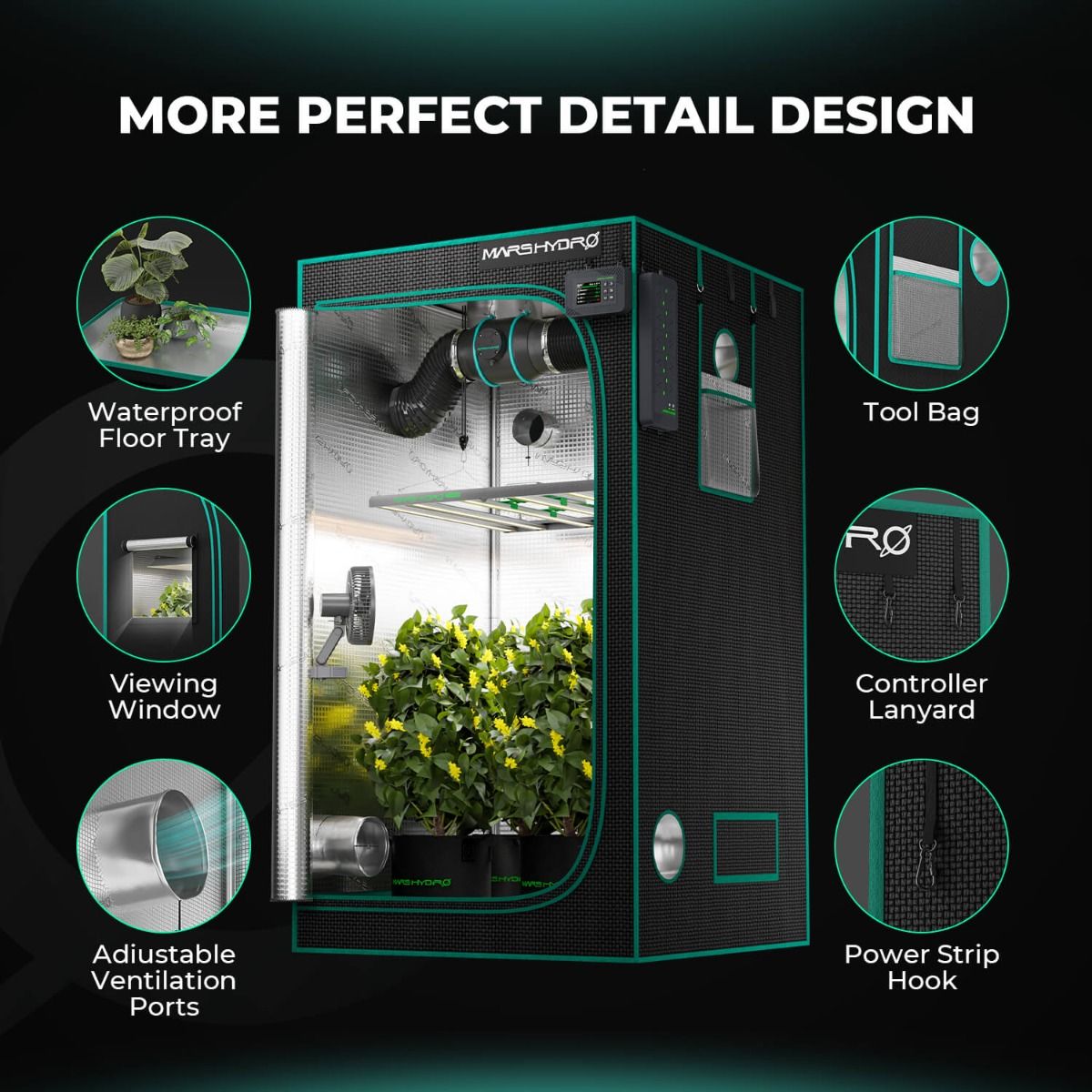 Mars Hydro 5x5 Grow Tent 60''X60''X80'' – 1680D Light-Proof Tent with High Reflection - Detail View