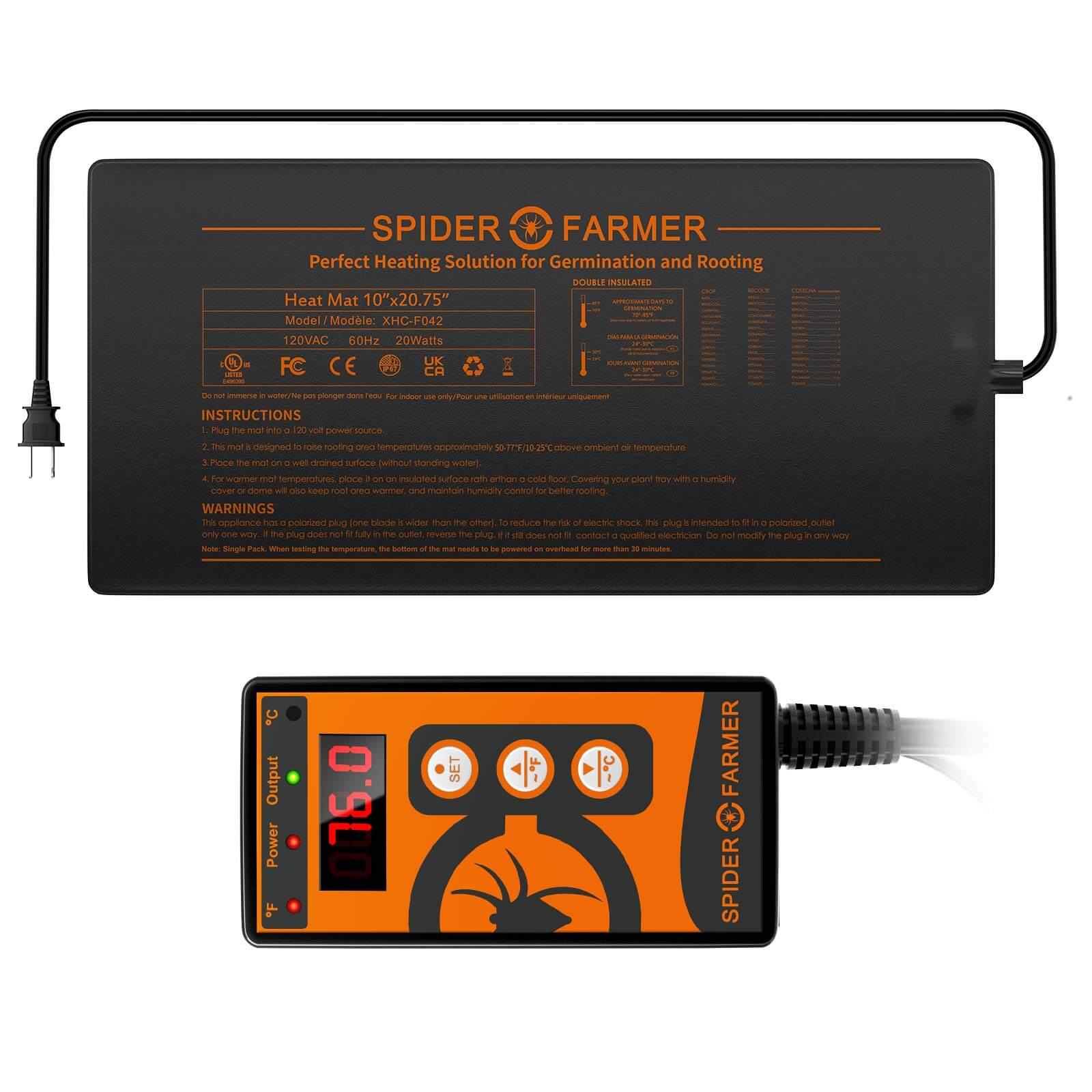 Spider Farmer Waterproof 10”X20.75” Seedling Heat Mat & Controller Set