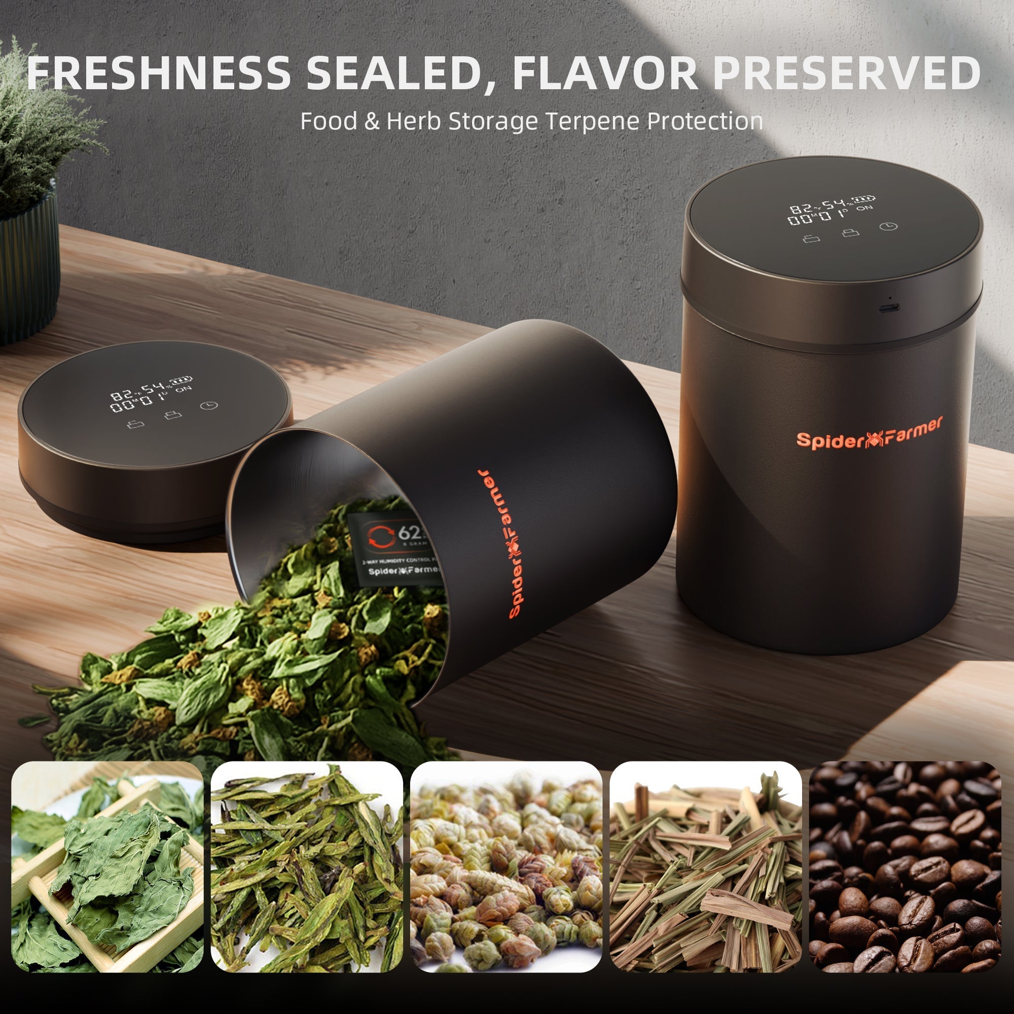 Spider Farmer 2L Auto-Cure Smart Jar | Portable Vacuum Seal Curing Jar with Smart Lid | 4 Pcs 2-Way 62% Humidity Packs | Wide Mouth and Flat Bottom | Curing and Fresh Storage for Coffee, Herb, Mushrooms,Spices, Flower,Foods