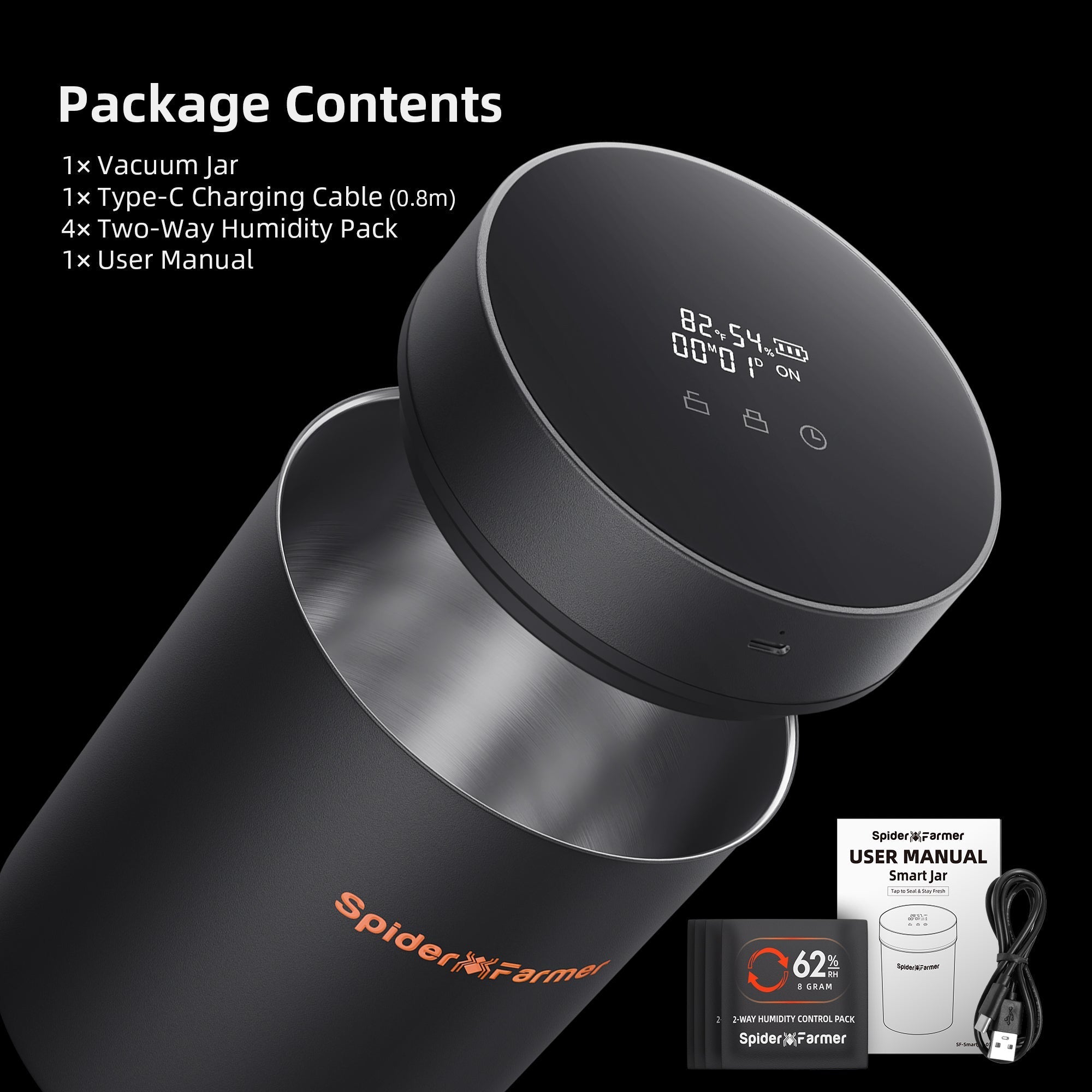 Spider Farmer 2L Auto-Cure Smart Jar | Portable Vacuum Seal Curing Jar with Smart Lid | 4 Pcs 2-Way 62% Humidity Packs | Wide Mouth and Flat Bottom | Curing and Fresh Storage for Coffee, Herb, Mushrooms,Spices, Flower,Foods