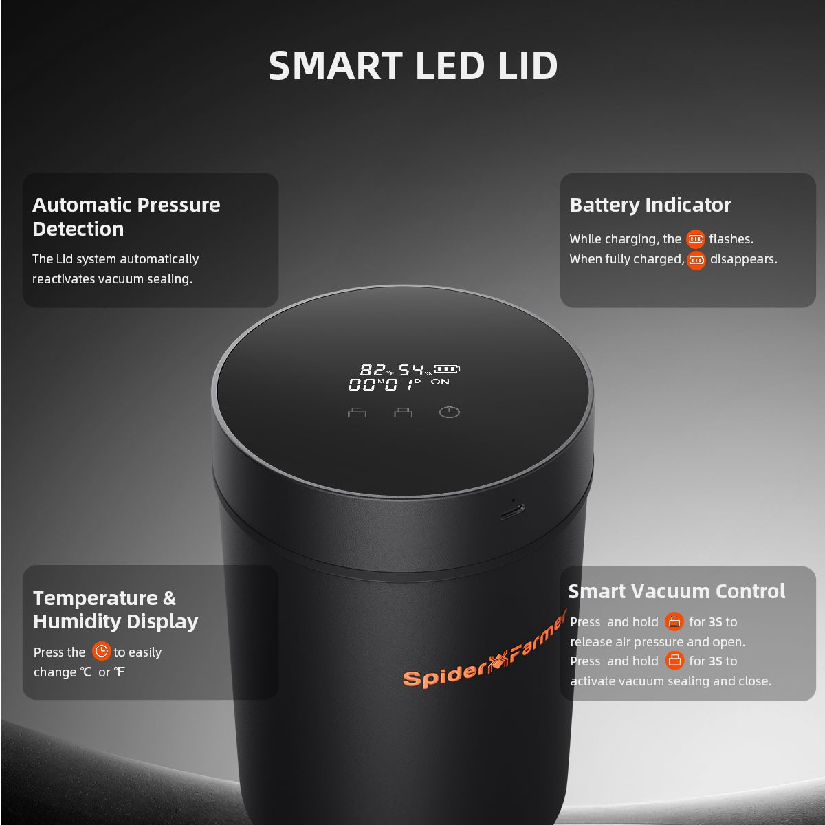 Spider Farmer 2L Auto-Cure Smart Jar | Portable Vacuum Seal Curing Jar with Smart Lid | 4 Pcs 2-Way 62% Humidity Packs | Wide Mouth and Flat Bottom | Curing and Fresh Storage for Coffee, Herb, Mushrooms,Spices, Flower,Foods