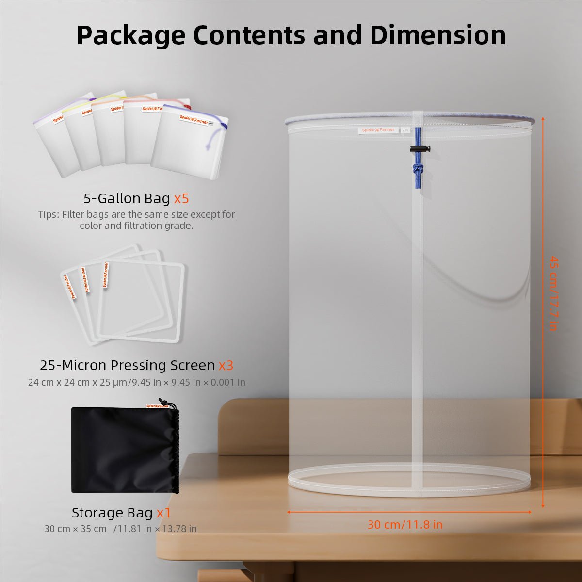 Spider Farmer 5-Pack 5-Gallon Reusable All-Mesh Filter Bags | with Filter Screen and Storage Pouch | 25-220 Micron for Hydroponic Vegetables, Herb, Tea, Coffee and Ice Filtration