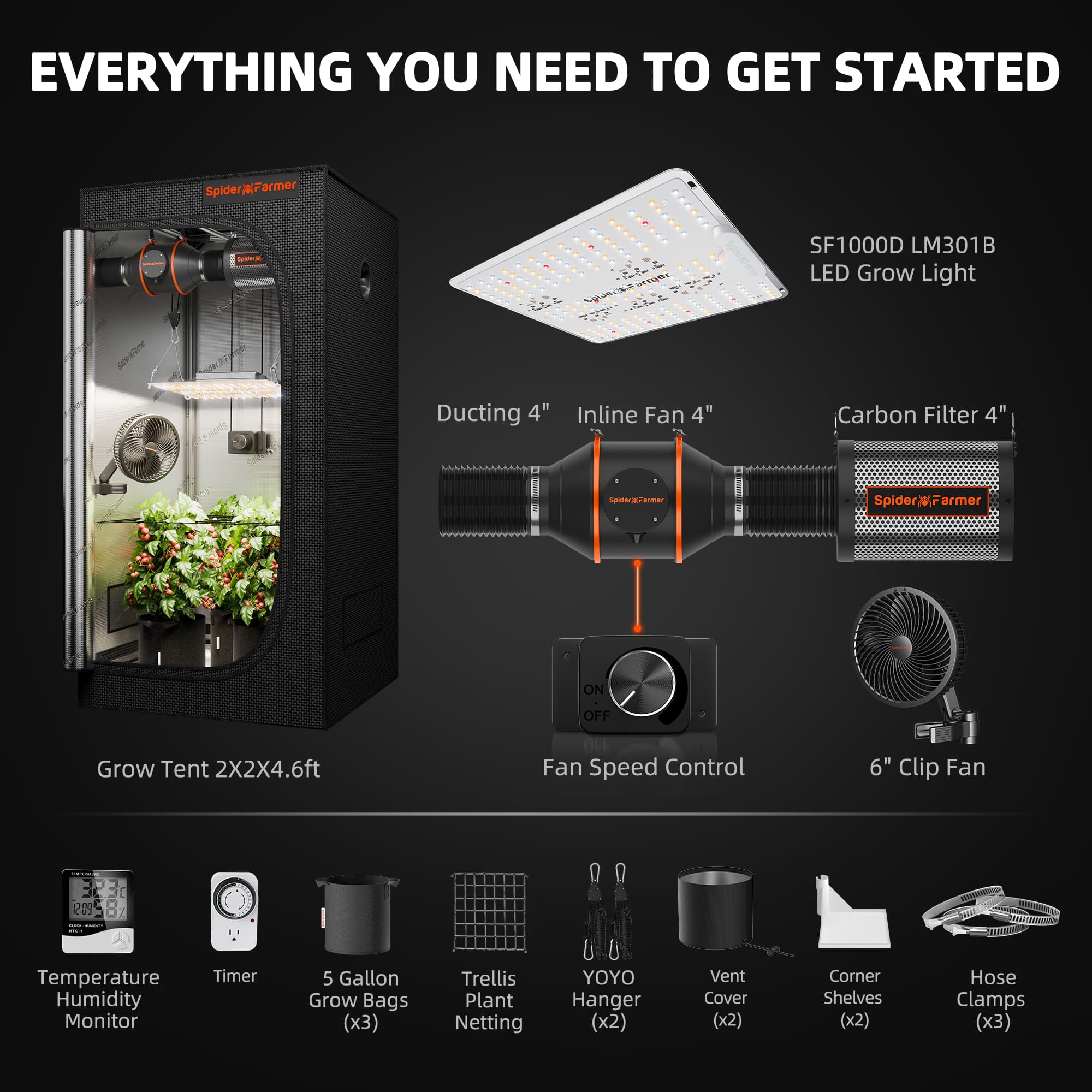Spider Farmer 2’x2′X4.6′ Complete Grow Tent Kit丨SF1000D Full Spectrum LED Grow Light丨6” Clip Fan丨4” Ventilation System with Speed Controller