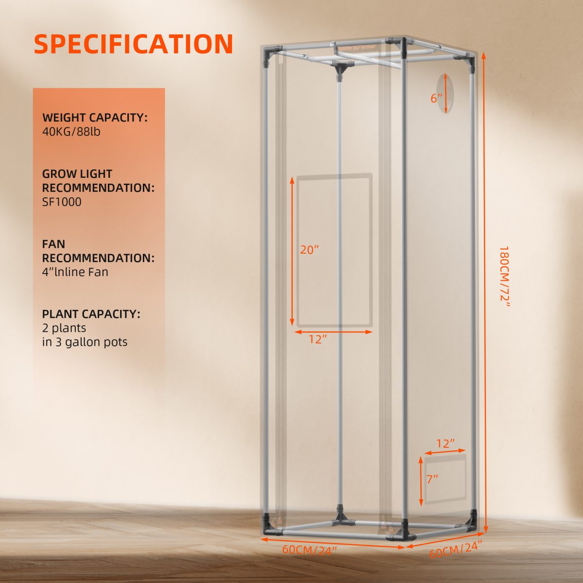 Spider Farmer 2’x2’x6′ 60cm x 60cm x 180cm Pro White Indoor Grow Tent 2000D Oxford Cloth Hydroponics Plant Growing Box
