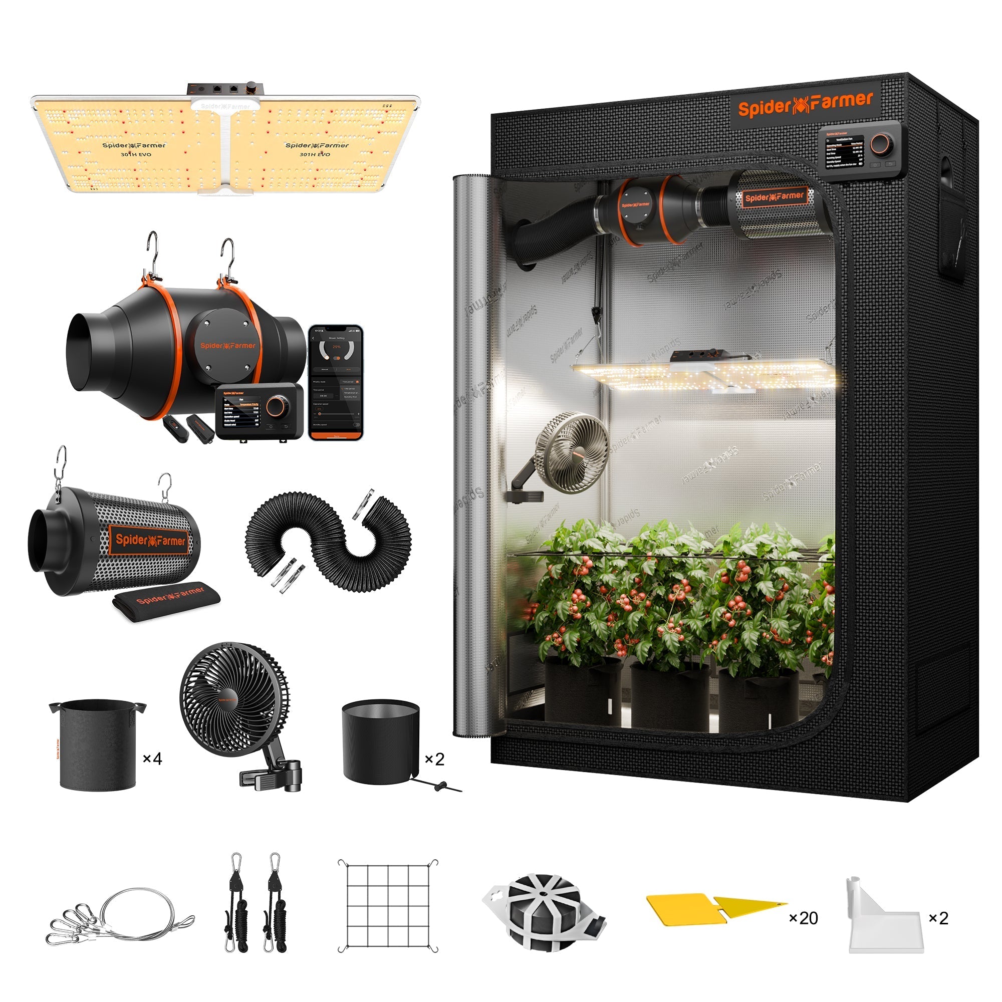Spider Farmer 2’x4’ Complete Grow Tent Kit丨SF2000 301H EVO Full Spectrum LED Grow Light丨6” Clip Fan丨4” Ventilation System with GGS Controller