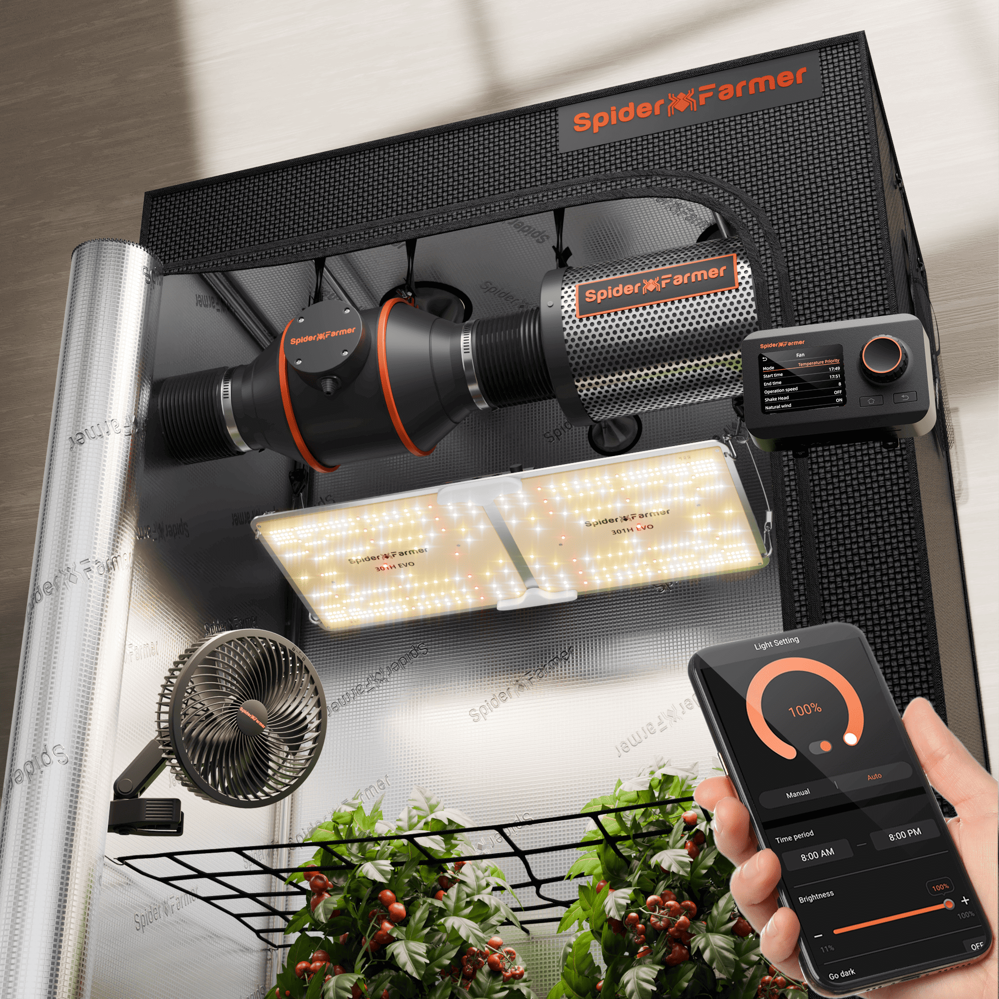 Spider Farmer 2’x4’ Complete Grow Tent Kit丨SF2000 301H EVO Full Spectrum LED Grow Light丨6” Clip Fan丨4” Ventilation System with GGS Controller