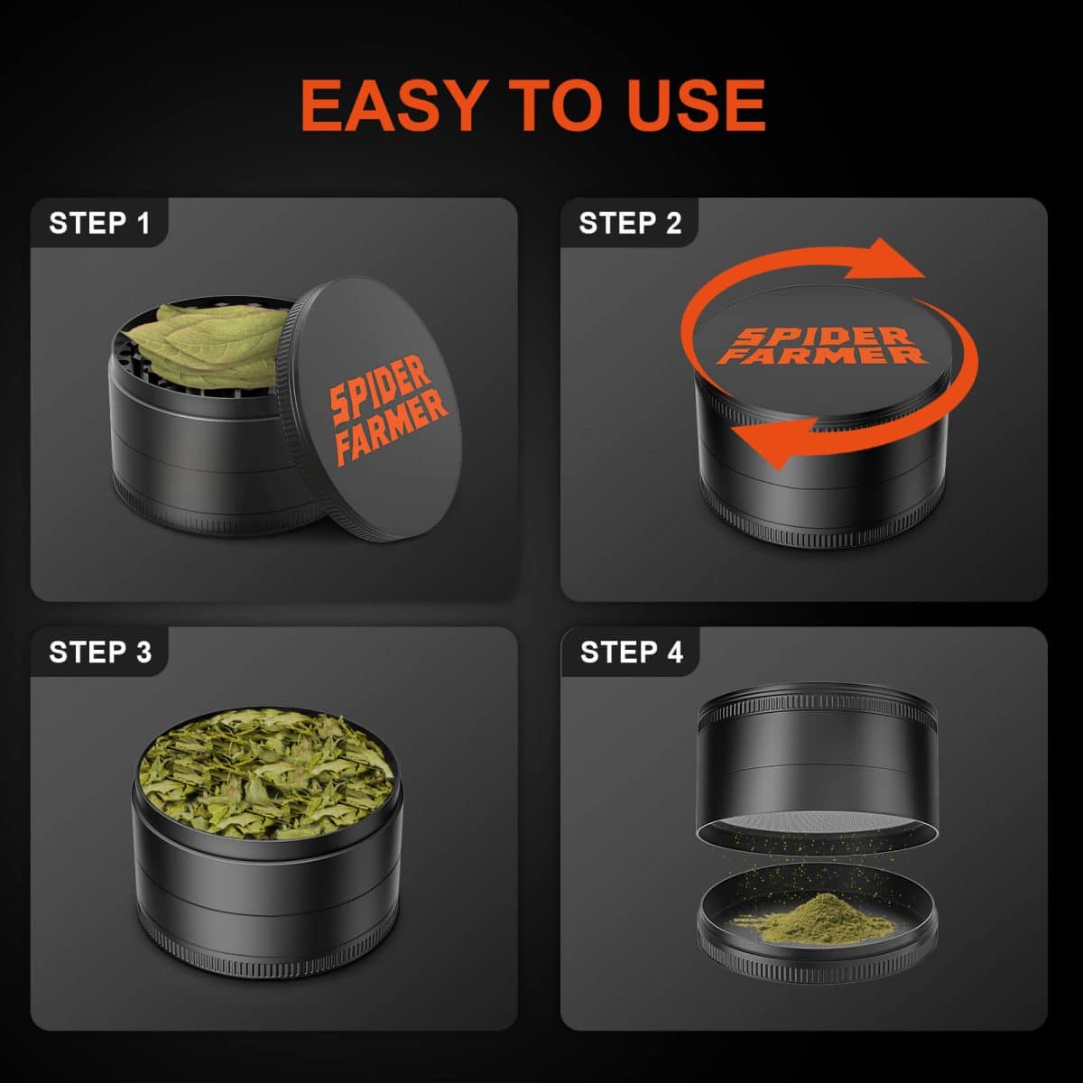 Spider Farmer 3″ Spice Pepper Grinder – 4-Piece Metal Grinder with Magnetic Lid
