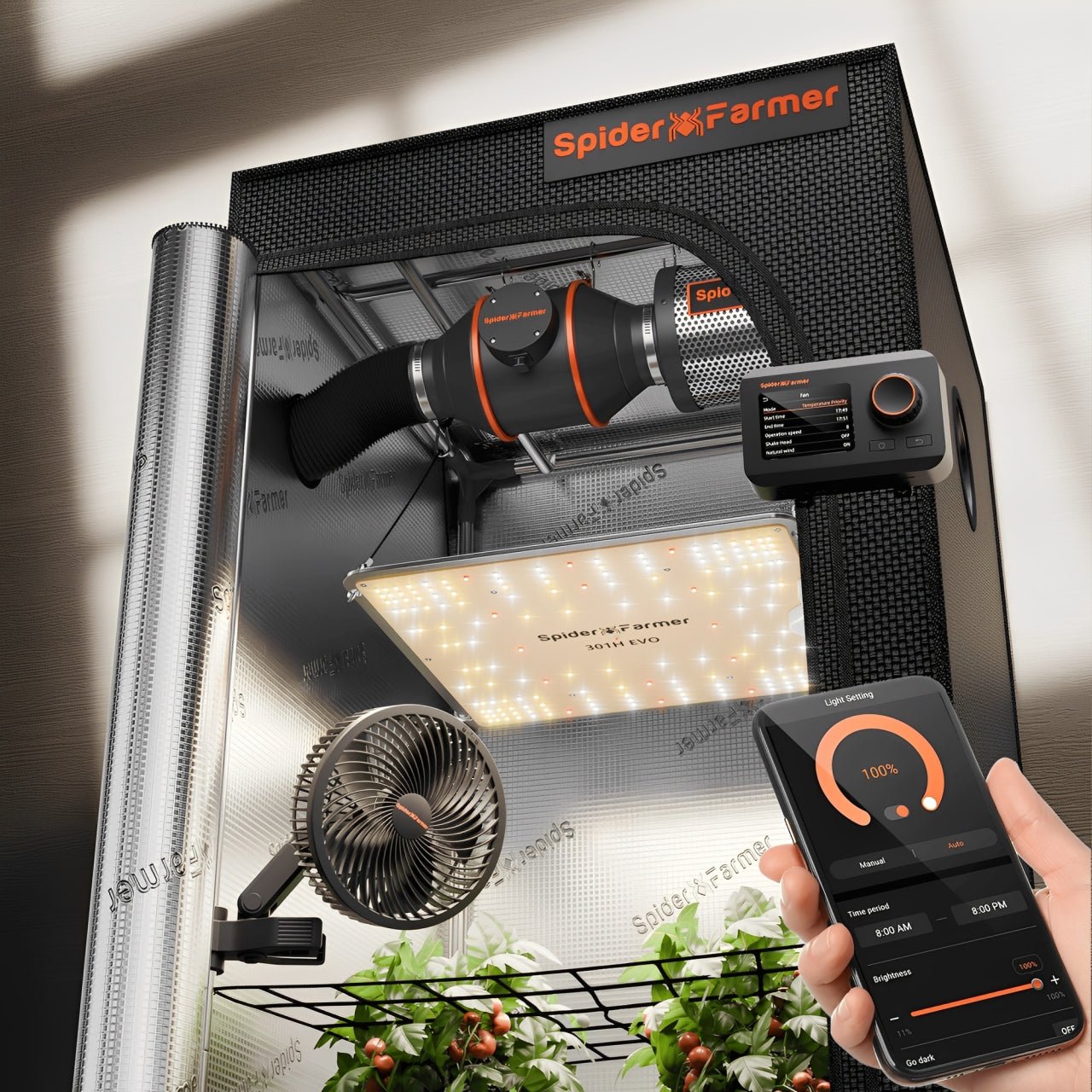 Spider Farmer 4‘x4‘x6.5‘Complete Grow Tent Kit丨SF4000 450W Full Spectrum LED Grow Light丨6” Ventilation System with Humidity and APP GGS Controller丨6” Clip Fan