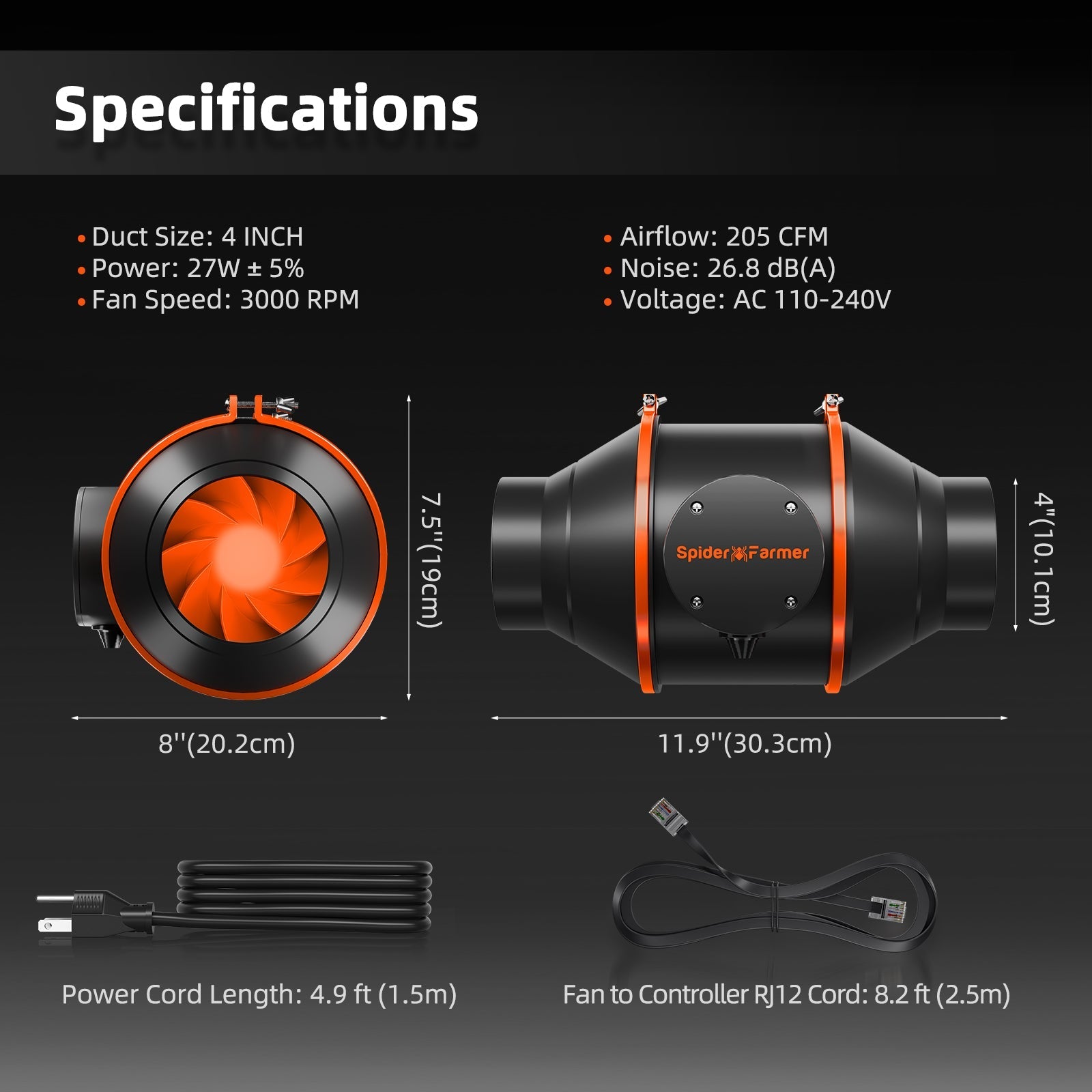 Spider Farmer 4″ Inline Fan 205 CFM with GGS Controller Ventilation System for Indoor Grow Tents