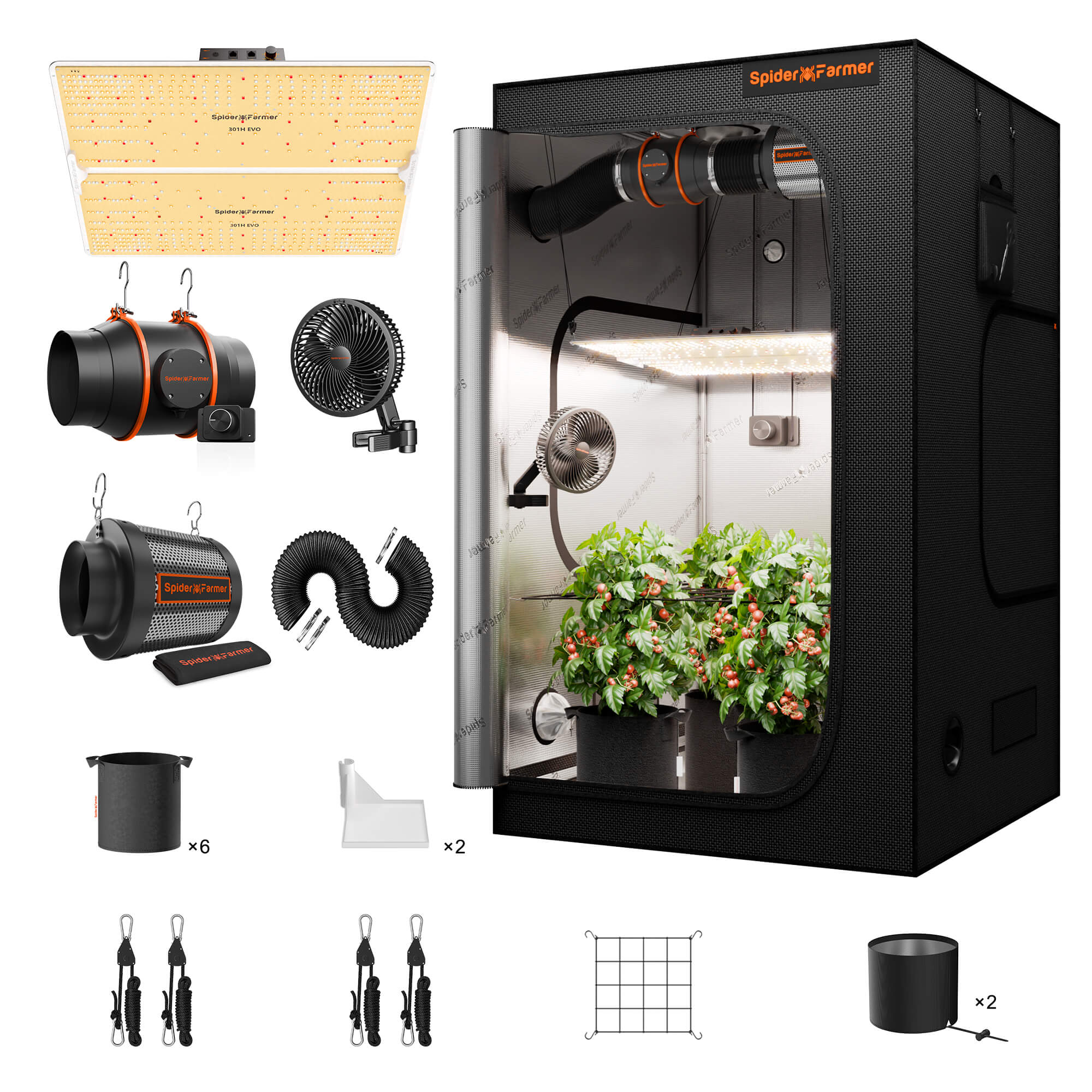 Spider Farmer 4’x4′X6.5′ Complete Grow Tent Kit丨SF4000 301H EVO Full Spectrum LED Grow Light丨6” Clip Fan丨6” Ventilation System with Speed Controller