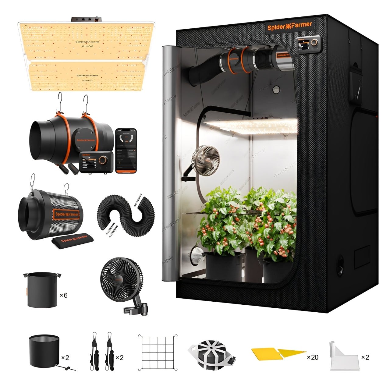 Spider Farmer 4‘x4‘x6.5‘Complete Grow Tent Kit丨SF4000 450W Full Spectrum LED Grow Light丨6” Ventilation System with Humidity and APP GGS Controller丨6” Clip Fan