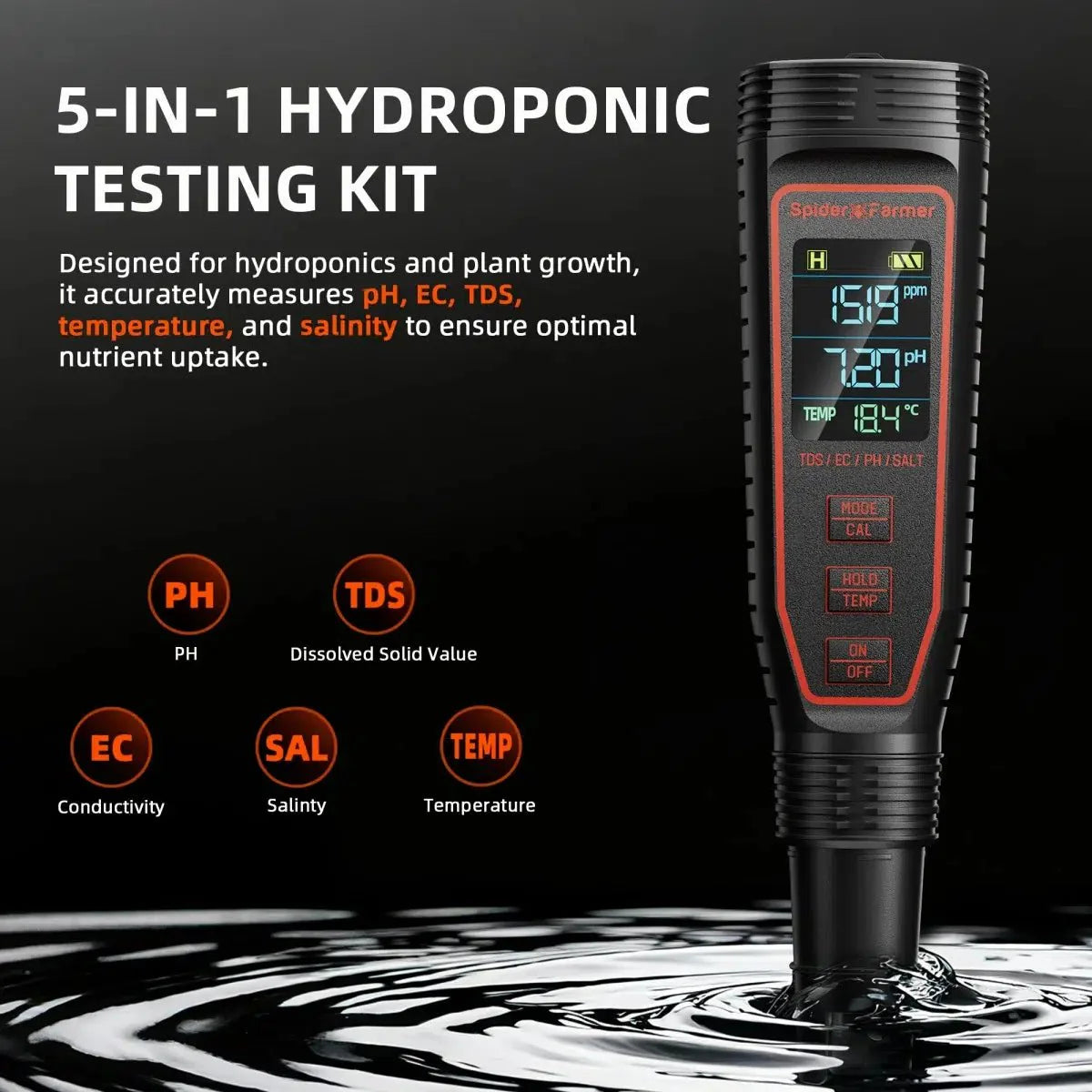 Spider Farmer 5-in-1 pH Hydroponic Meter Kit