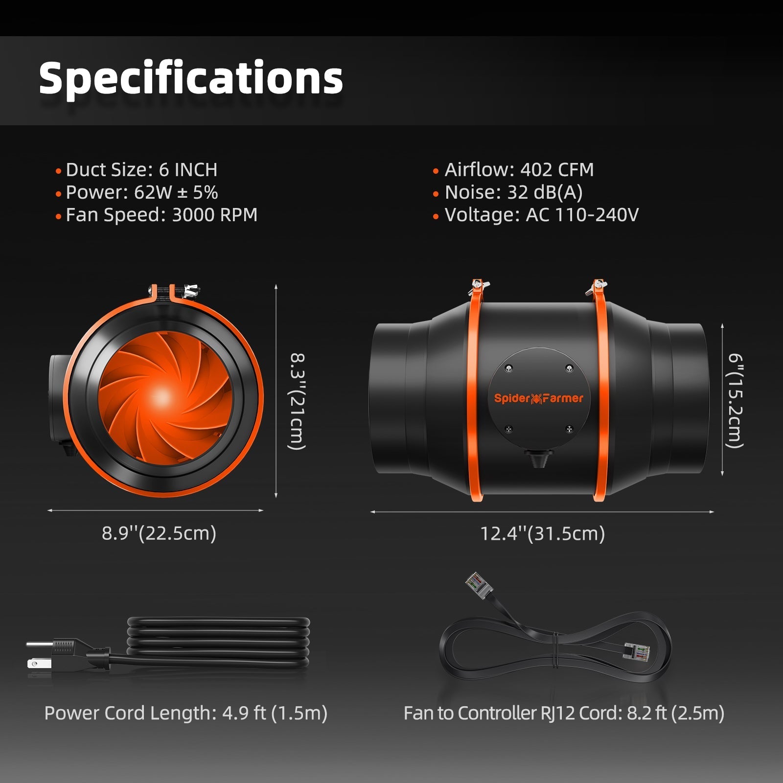 Spider Farmer 6″ Inline Fan 402CFM with Speed Controller RJ12 Port, GGS Controller Compatible