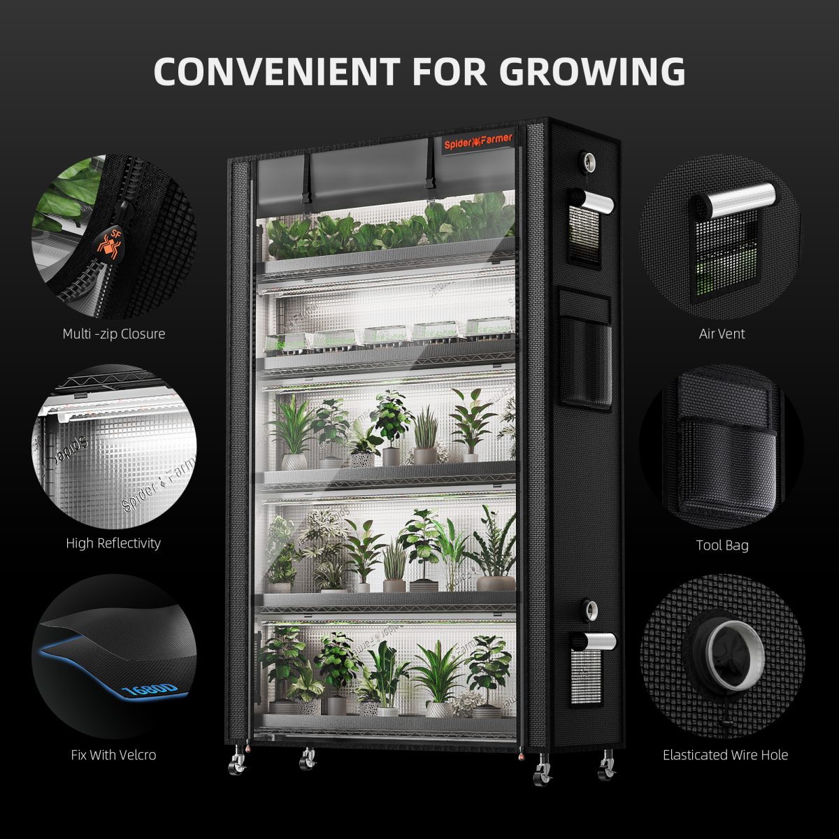 Spider Farmer 6 Tier Plant Stand With Grow Lights 220W , Plant Shelf with 1680D Grow Tent for Seedling Indoor Plant, Cloning and Greenhouse