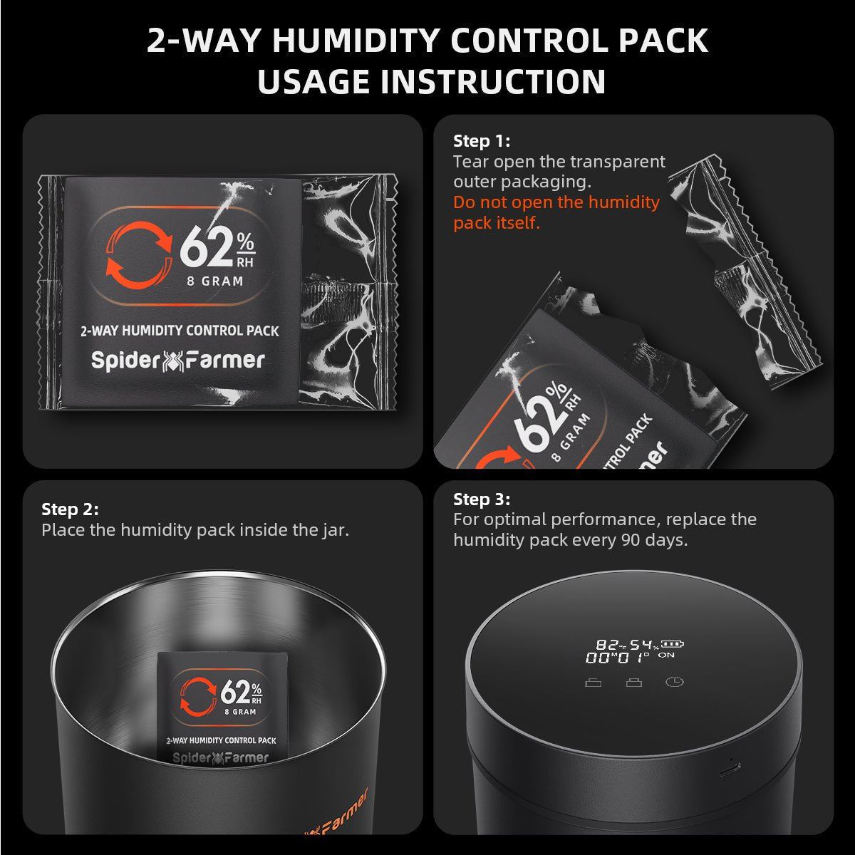 Spider Farmer 62% RH 8g 2-Way Humidity Control Packs | 10 Packs | Each for Storing 1 oz | Moisture Balance for Herbs, Cigar, Food & Wood Products Fresh Storage | Great for Small Storage Containers, Mason jars