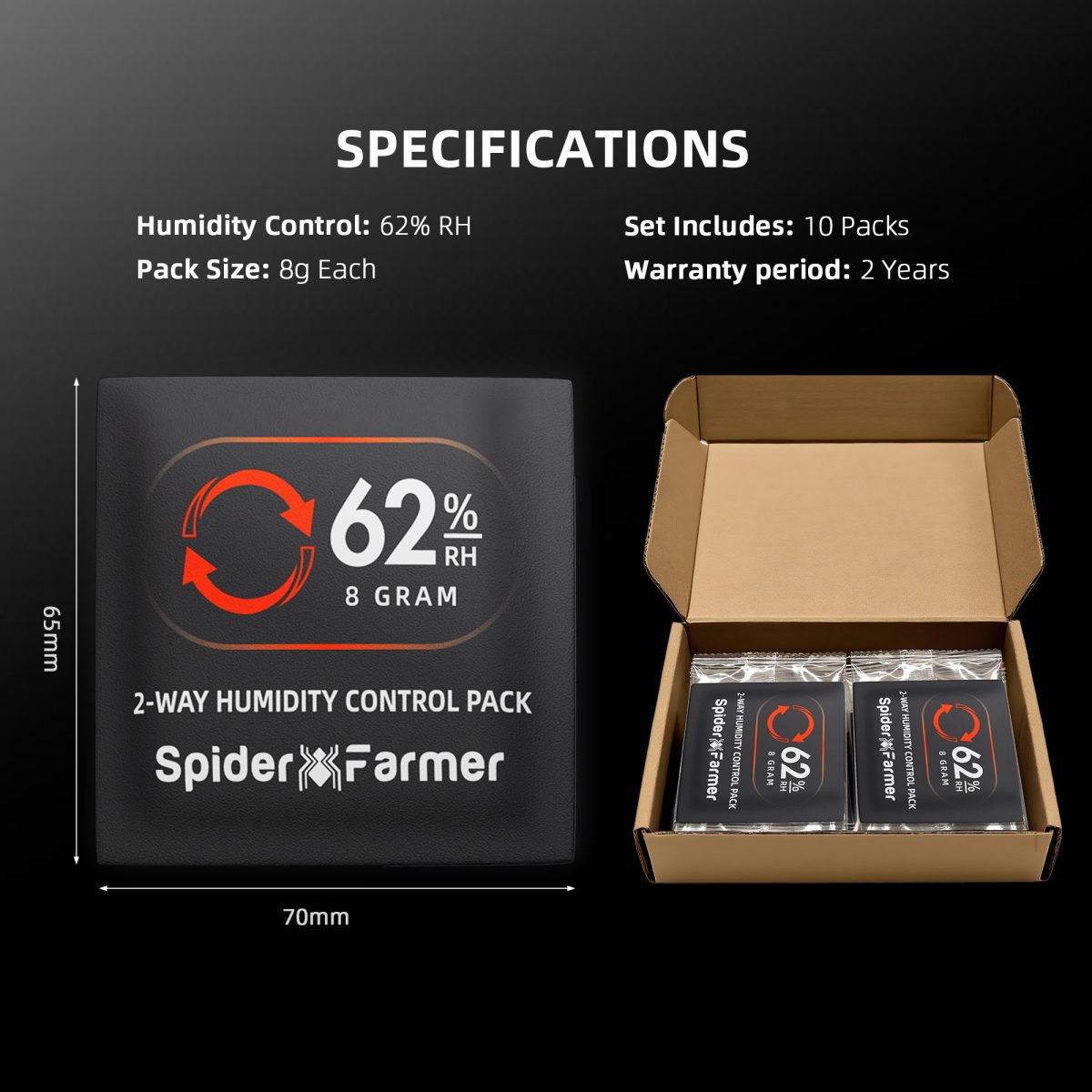 Spider Farmer 62% RH 8g 2-Way Humidity Control Packs | 10 Packs | Each for Storing 1 oz | Moisture Balance for Herbs, Cigar, Food & Wood Products Fresh Storage | Great for Small Storage Containers, Mason jars