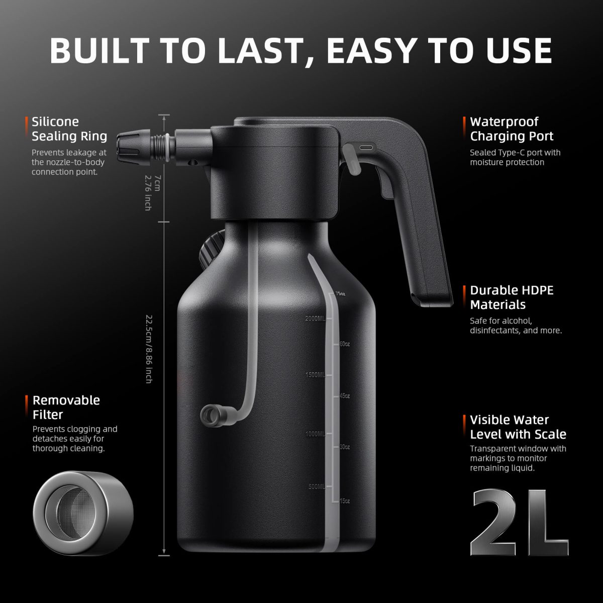 Spider Farmer Electric Spray Bottle 2L / 0.5 Gallon, Type-C Rechargeable Plant Sprayer, One-Touch Automatic Mister with Measuring Cup & Quick Refill for Indoor & Outdoor Garden Watering