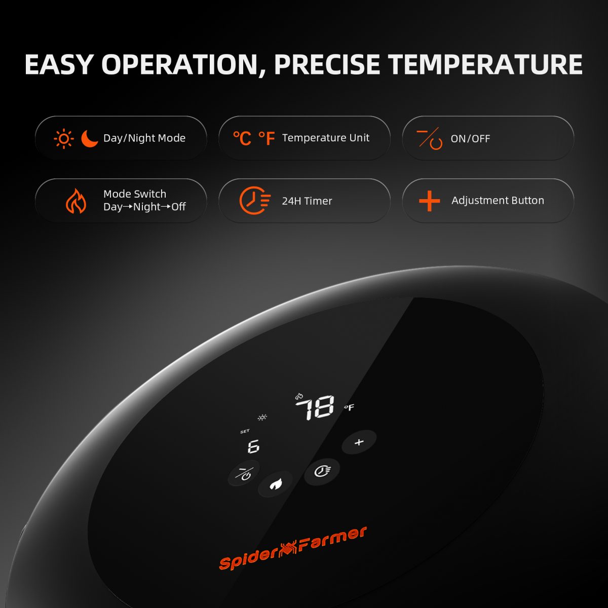 Spider Farmer Grow Tent Heater – Smart Temperature Control,10-Level PTC Heating,Day/Night Auto Settings,24H Timer, Safe Indoor Plant Heater for Grow Rooms