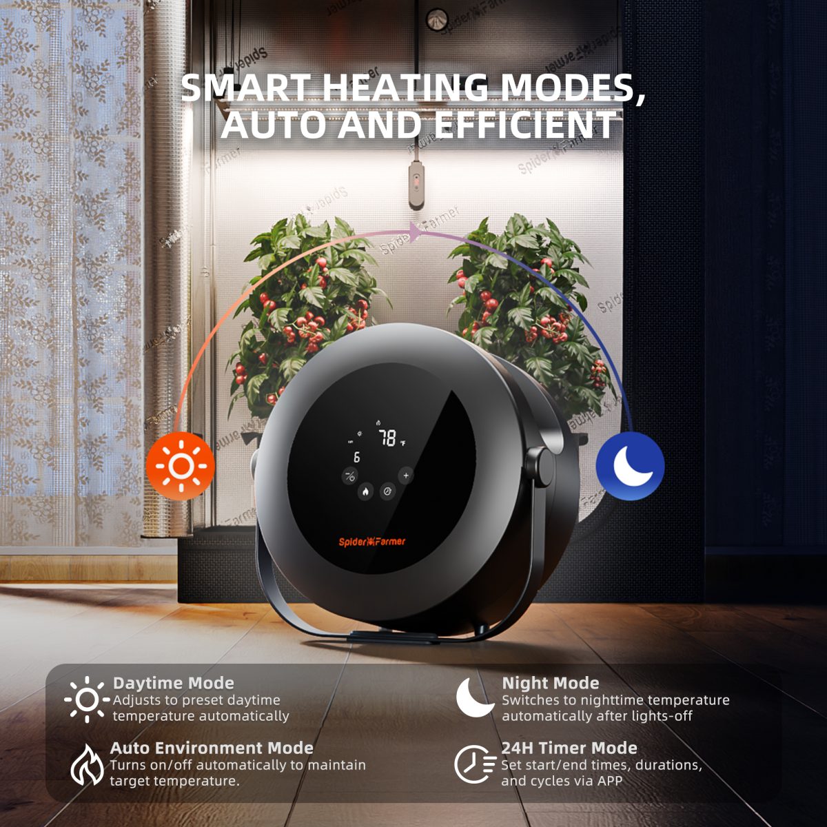 Spider Farmer Grow Tent Heater – Smart Temperature Control,10-Level PTC Heating,Day/Night Auto Settings,24H Timer, Safe Indoor Plant Heater for Grow Rooms