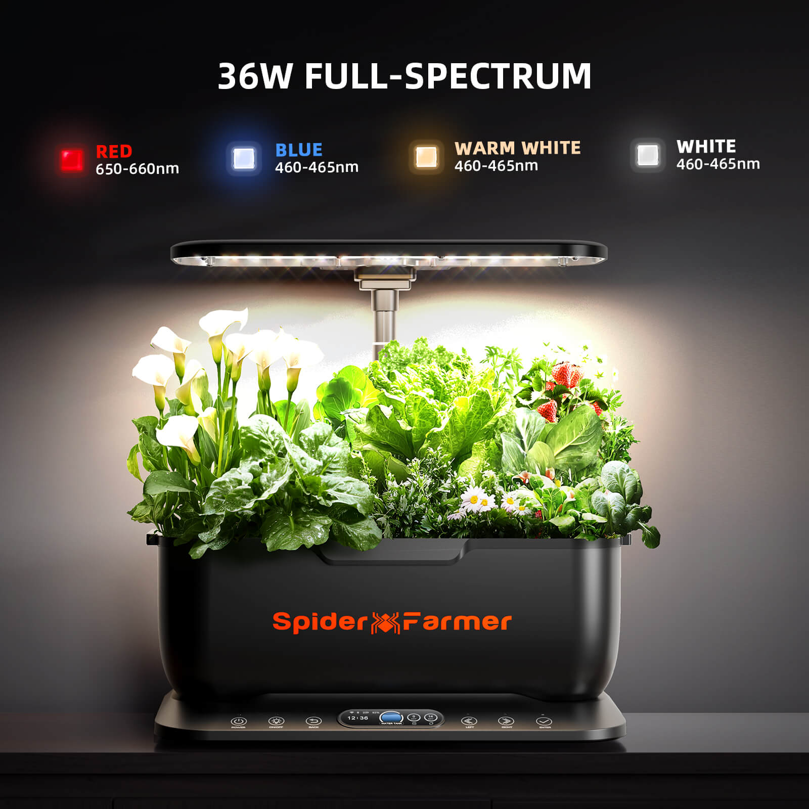 Spider Farmer SmartG12 Hydroponic Gardening System Kit, APP & Wifi Controlled, 36W LED Grow Light, 12 Pods Indoor Herb Garden, 6L Water Tank